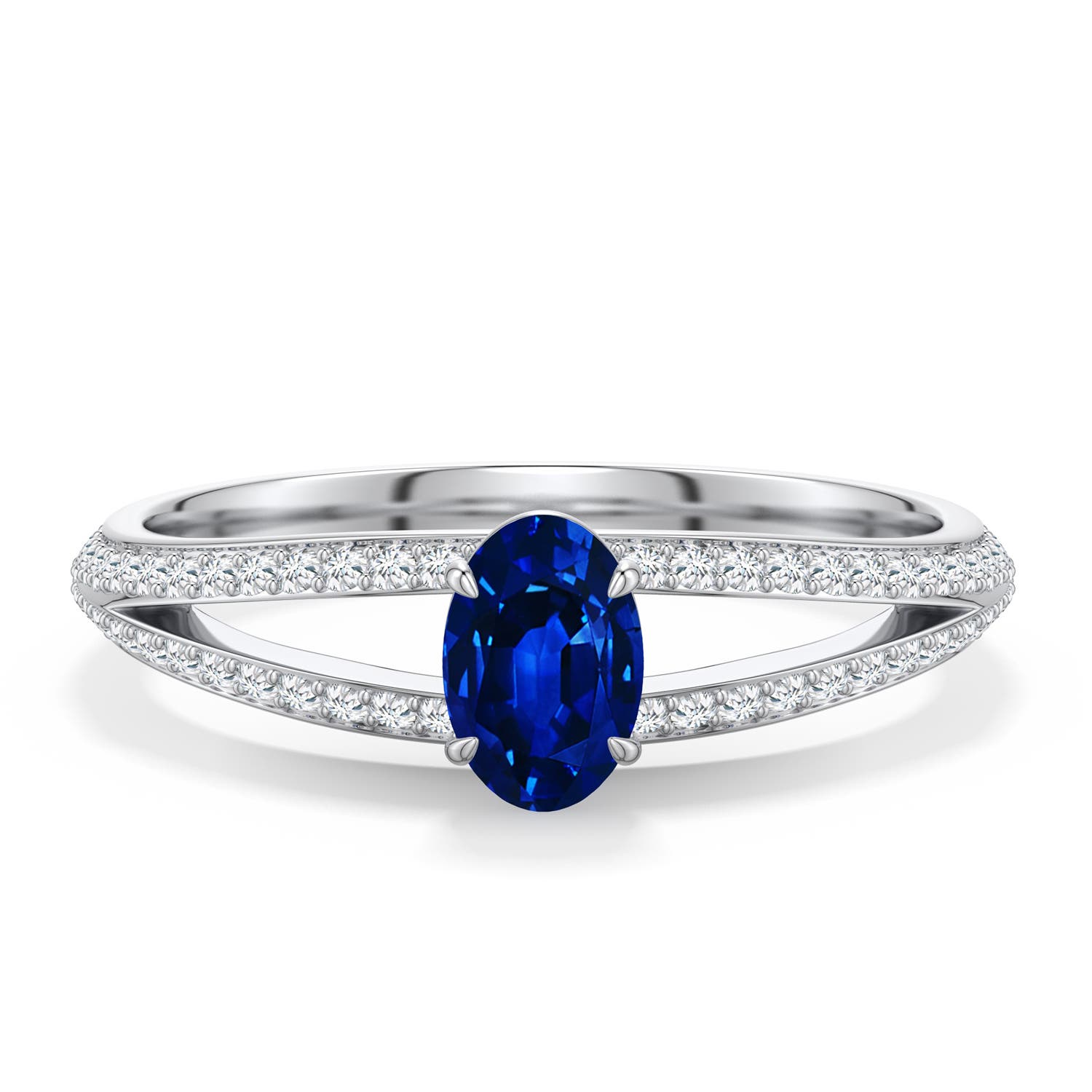 6x4mm Labgrown Oval Lab-Grown Blue Sapphire Engagement Ring with Pavé Accents in White Gold - main
