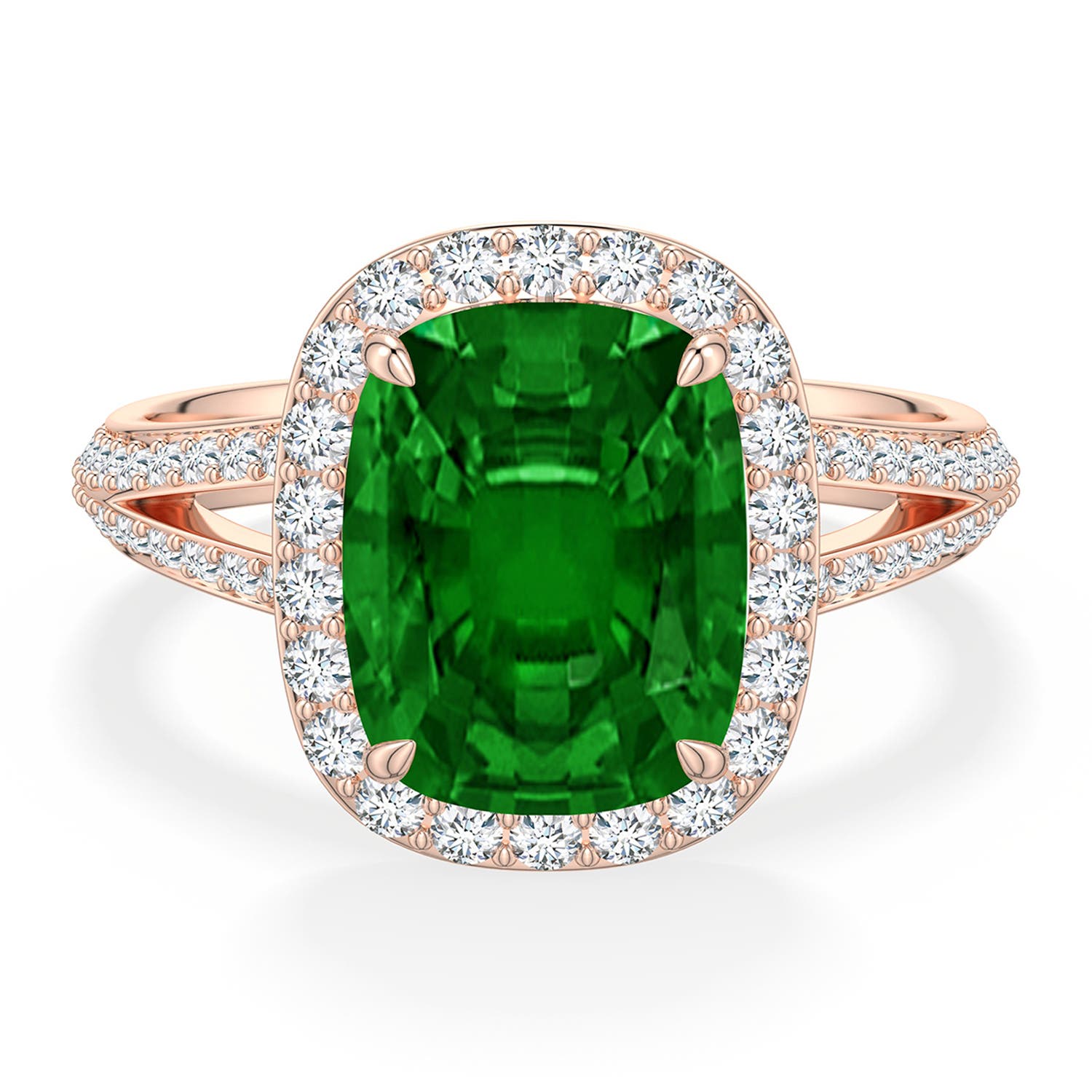 10x8mm Labgrown Cushion Rectangular Lab-Grown Emerald Halo Engagement Ring with Accents in 18K Rose Gold - main