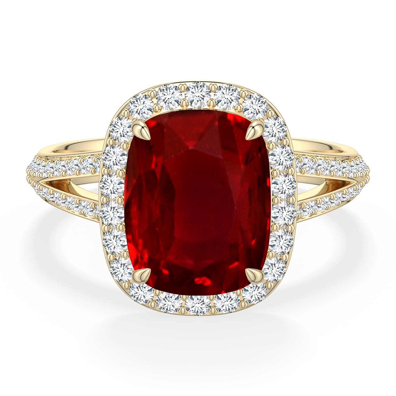 10x8mm Labgrown Cushion Rectangular Lab-Grown Ruby Halo Engagement Ring with Accents in 18K Yellow Gold - main