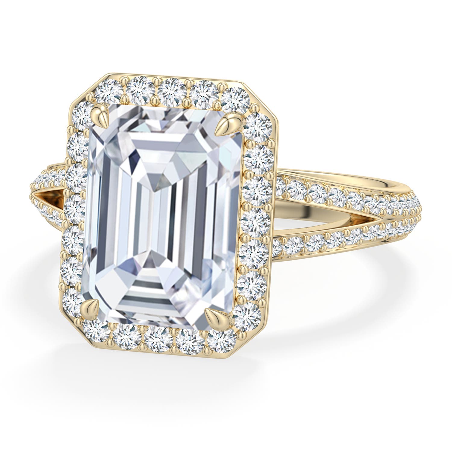 10.5x7.5mm FGVS Emerald-Cut Lab-Grown Diamond Halo Engagement Ring with Accents in Yellow Gold - main