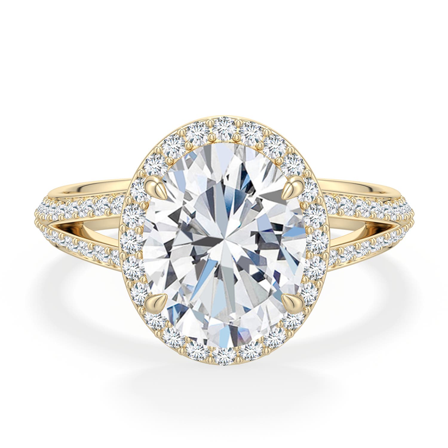 10x8mm DEVVS Oval Lab-Grown Diamond Halo Engagement Ring with Accents in 18K Yellow Gold - side 1