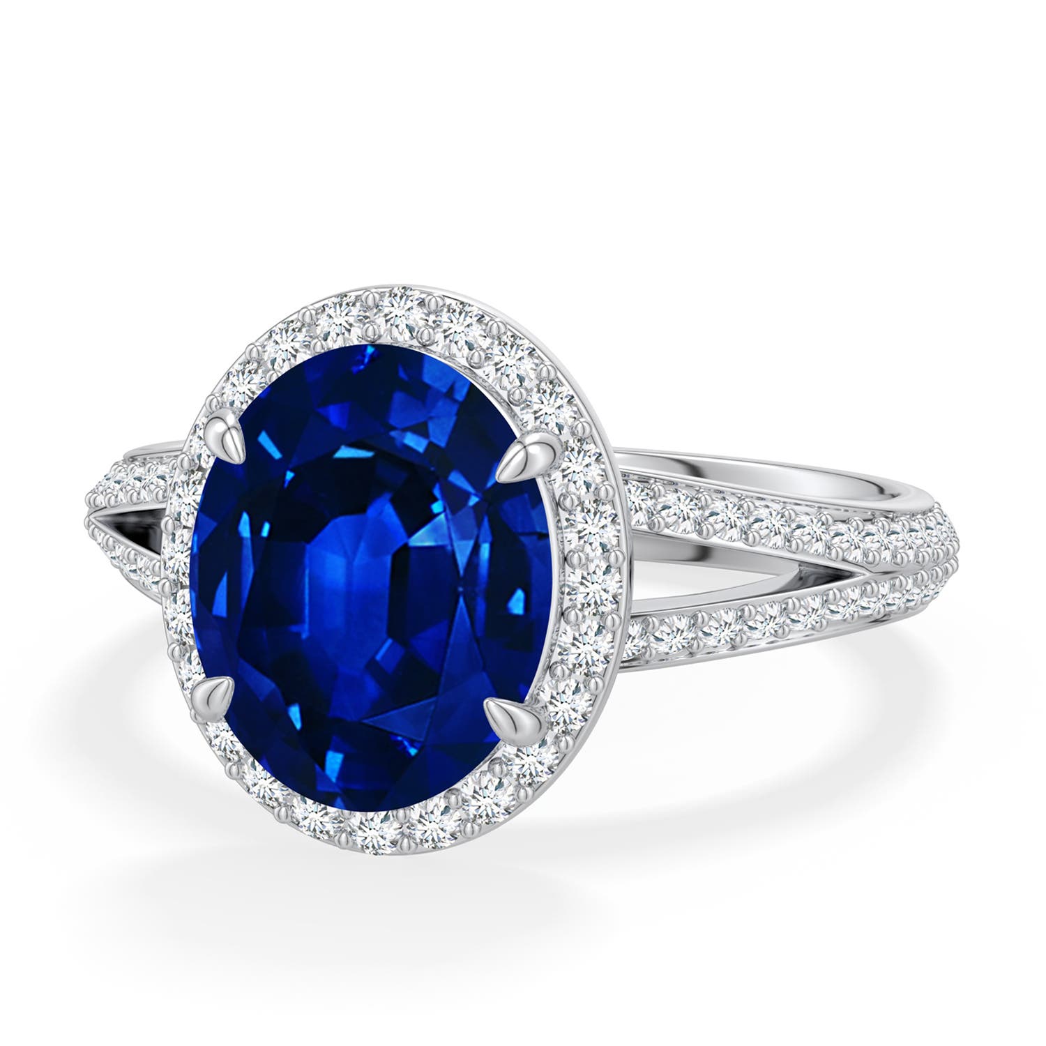 10x8mm Labgrown Oval Lab-Grown Blue Sapphire Halo Engagement Ring with Accents in 18K White Gold - main