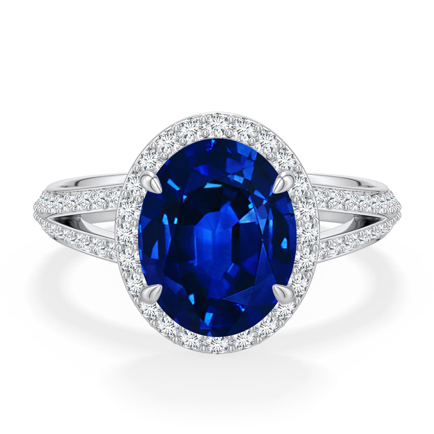 10x8mm Labgrown Oval Lab-Grown Blue Sapphire Halo Engagement Ring with Accents in 18K White Gold - side 1