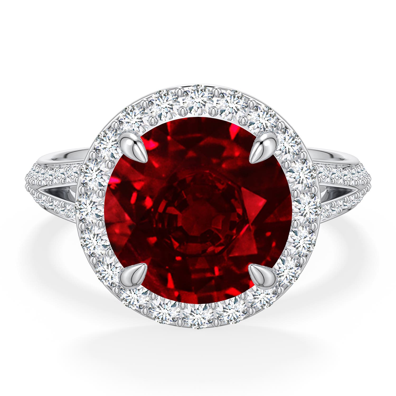 Angara 5.31 Ctw Round Lab-grown Ruby Halo Engagement Ring With Accents In Burgundy