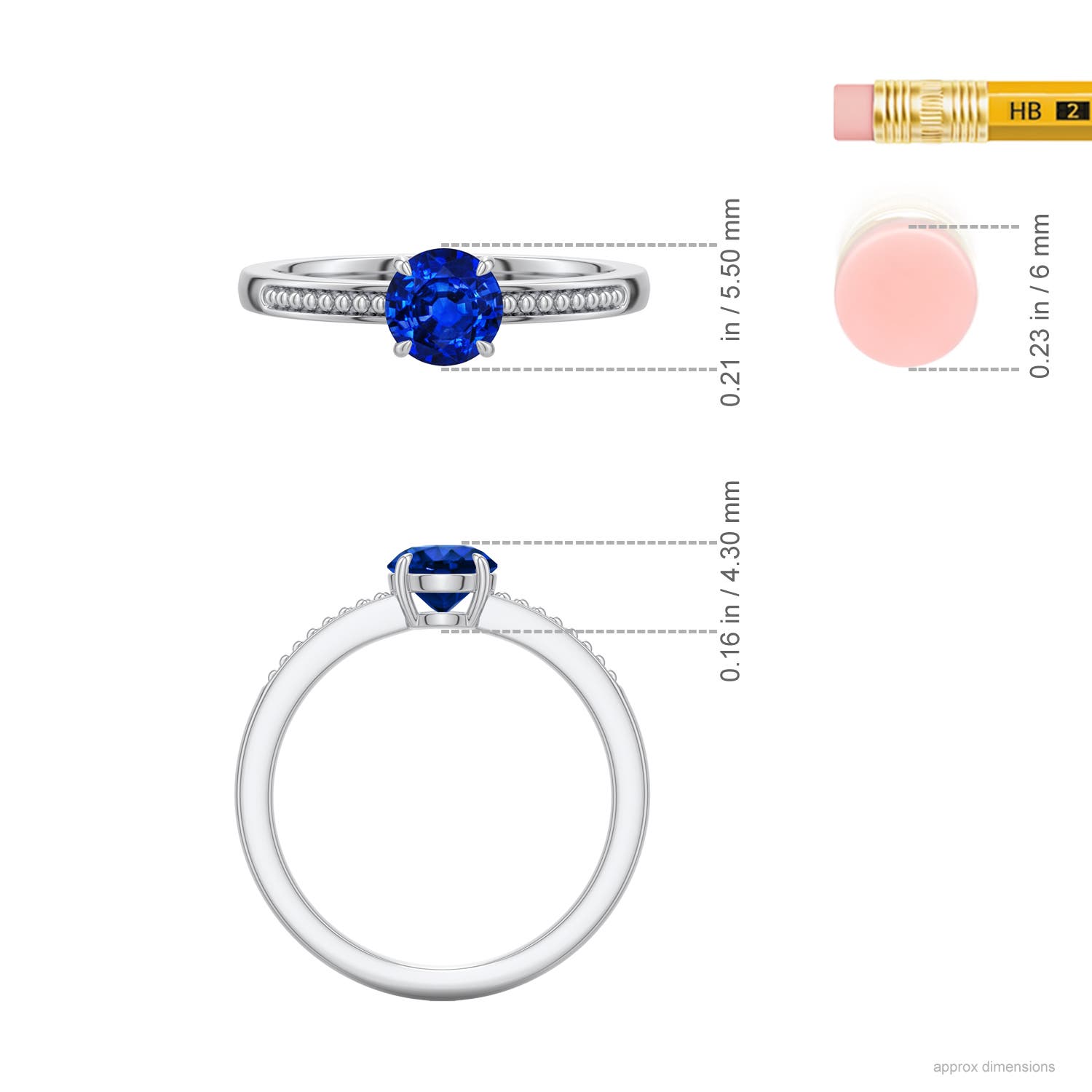 5.5mm Labgrown Round Lab-Grown Blue Sapphire Milgrain Shank Engagement Ring in White Gold - ruler - ruler