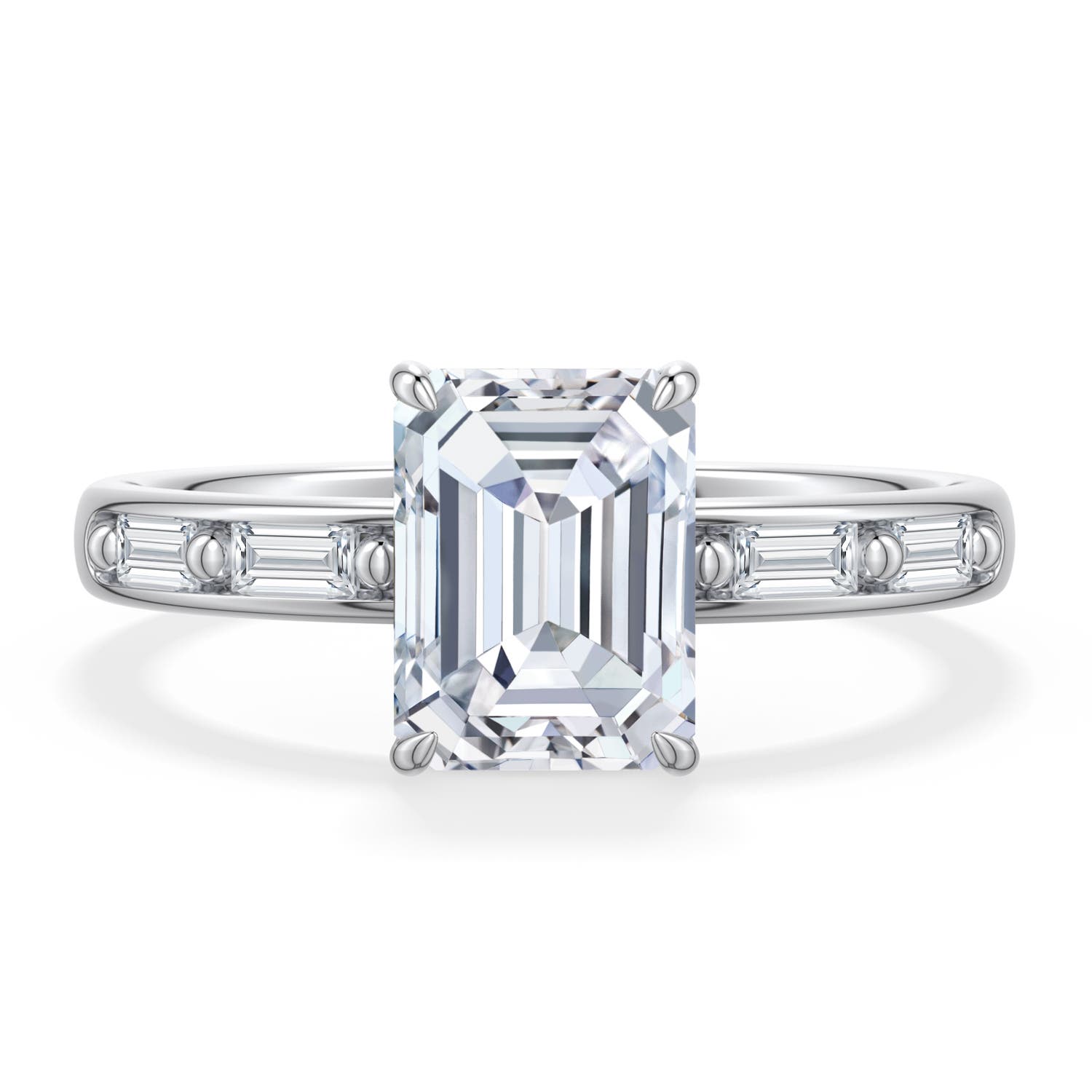 7.5x5.5mm FGVS Emerald-Cut Lab-Grown Diamond Engagement Ring with Baguette Accents in White Gold - main