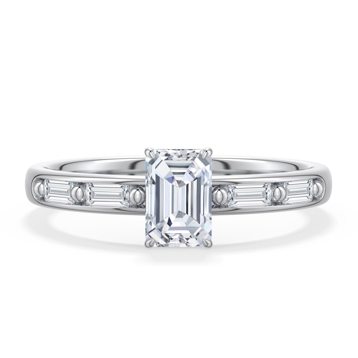 6x4mm FGVS Emerald-Cut Lab-Grown Diamond Engagement Ring with Baguette Accents in 18K White Gold - main