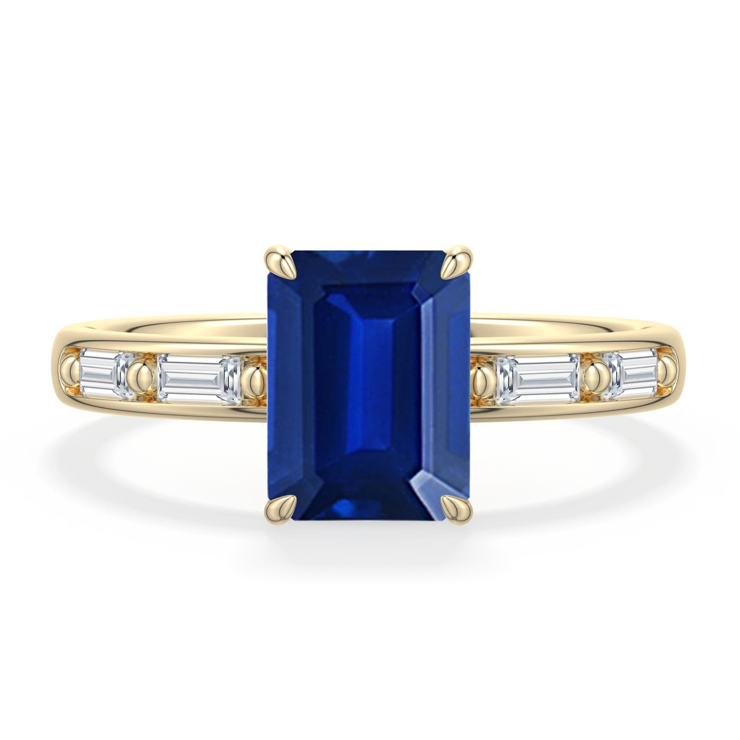8x6mm Labgrown Emerald-Cut Lab-Grown Blue Sapphire Engagement Ring with Baguette Accents in Yellow Gold - main