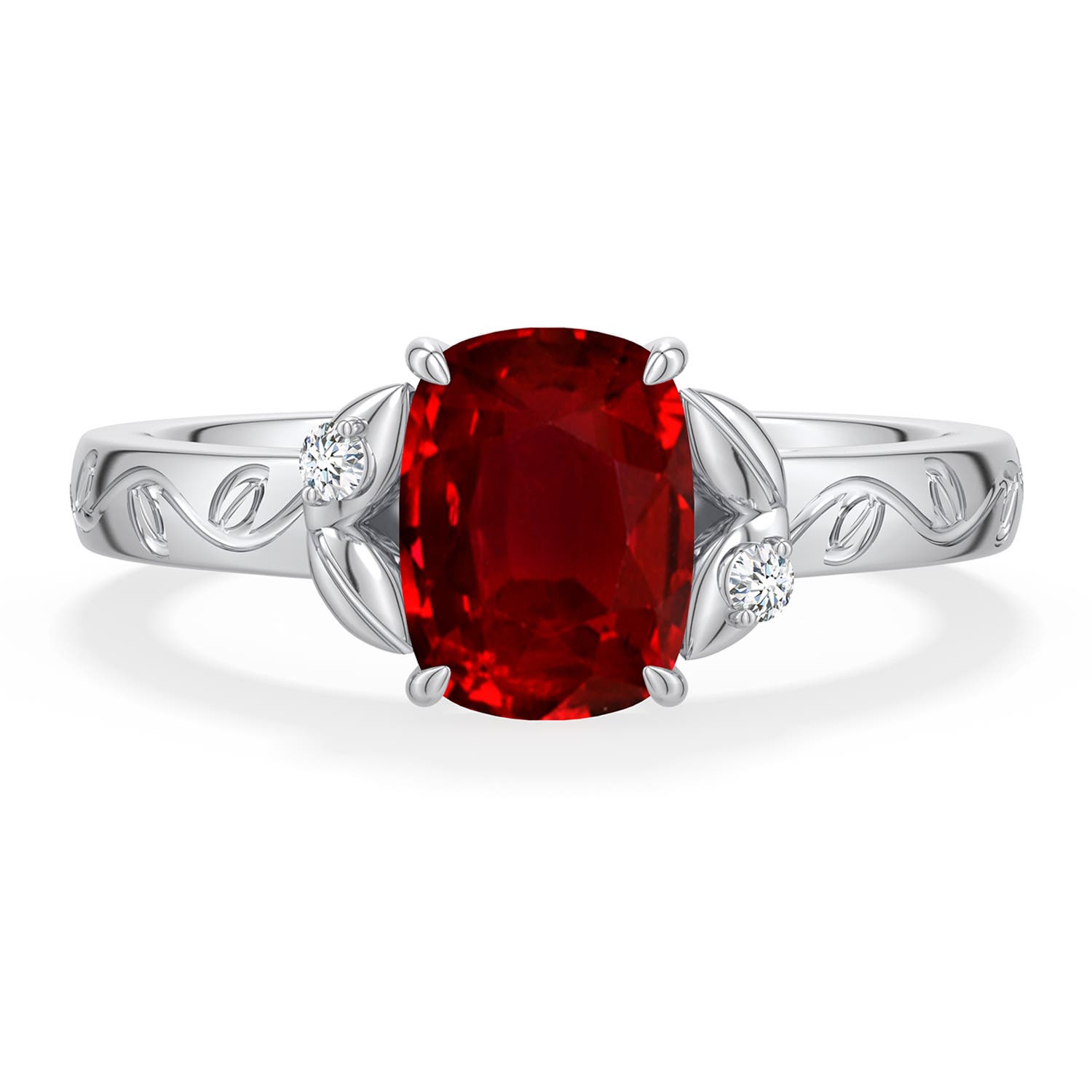 8x6mm Labgrown Cushion Rectangular Lab-Grown Ruby Leaf Vine Engagement Ring in 18K White Gold - main
