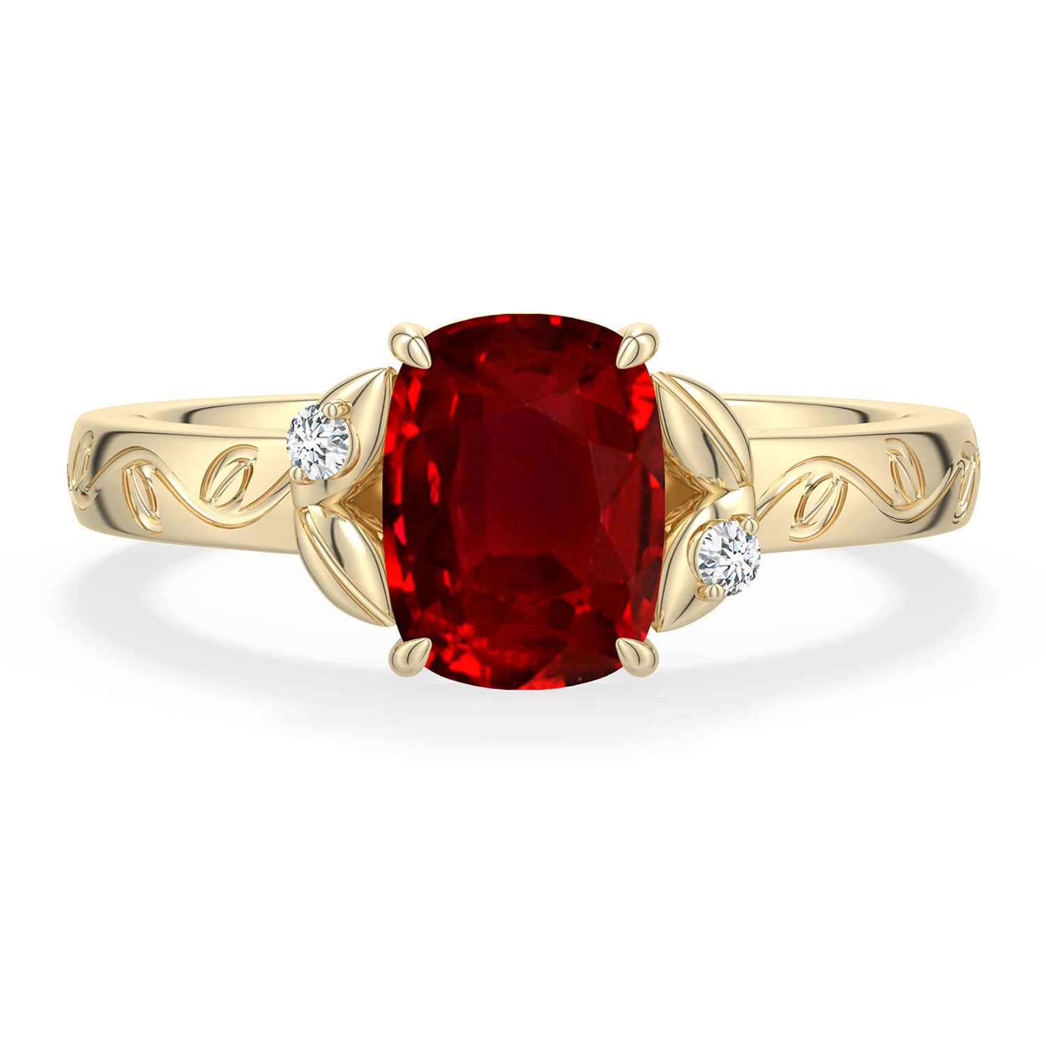 8x6mm Labgrown Cushion Rectangular Lab-Grown Ruby Leaf Vine Engagement Ring in 18K Yellow Gold - main