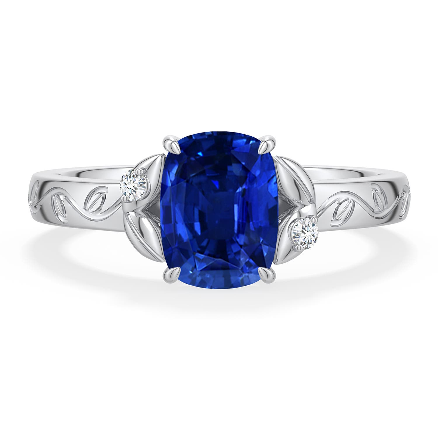 8x6mm Labgrown Cushion Rectangular Lab-Grown Blue Sapphire Leaf Vine Engagement Ring in 18K White Gold - main