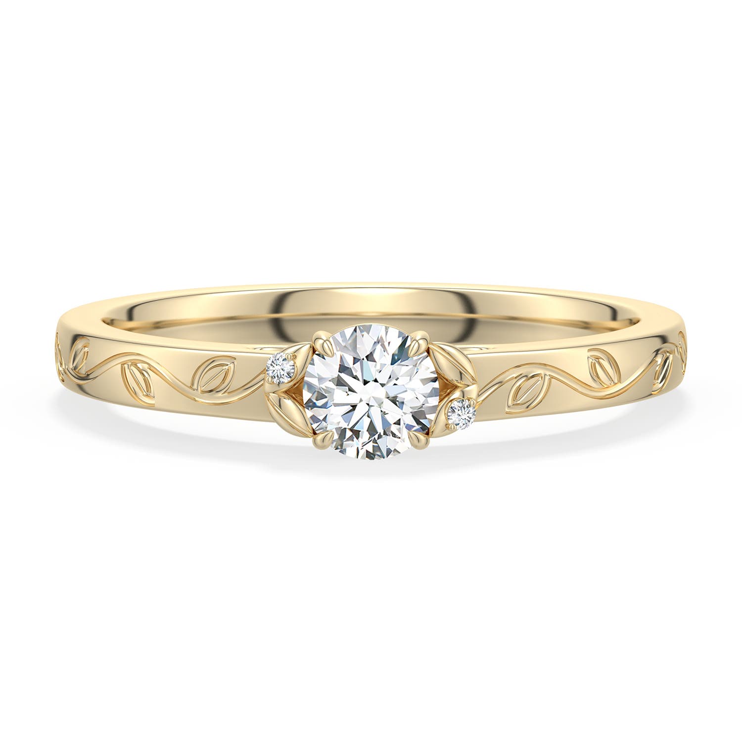 4mm FGVS Round Lab-Grown Diamond Leaf Vine Engagement Ring in 18K Yellow Gold - main
