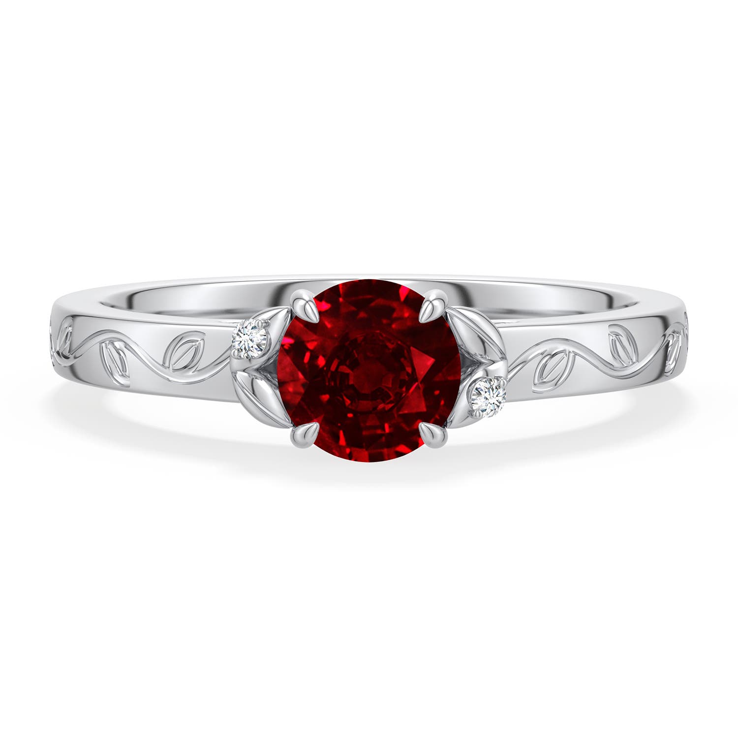 5.5mm Labgrown Round Lab-Grown Ruby Leaf Vine Engagement Ring in 18K White Gold - main