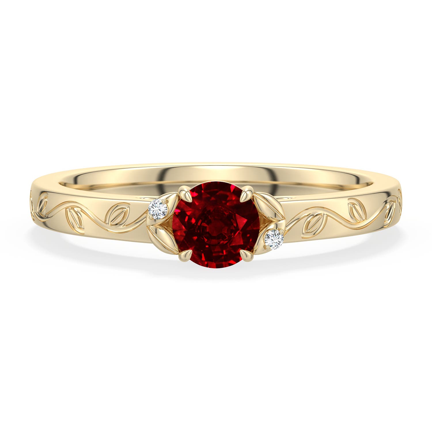 4.5mm Labgrown Round Lab-Grown Ruby Leaf Vine Engagement Ring in 18K Yellow Gold - main