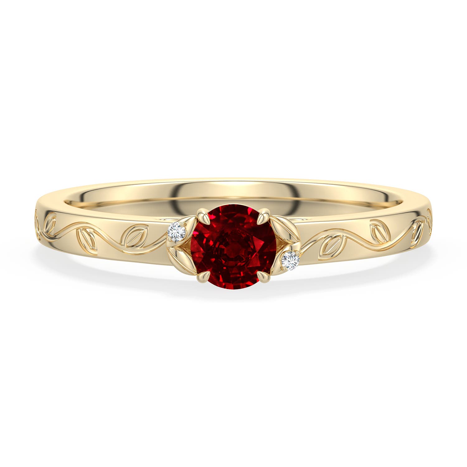 4mm Labgrown Round Lab-Grown Ruby Leaf Vine Engagement Ring in 18K Yellow Gold - main