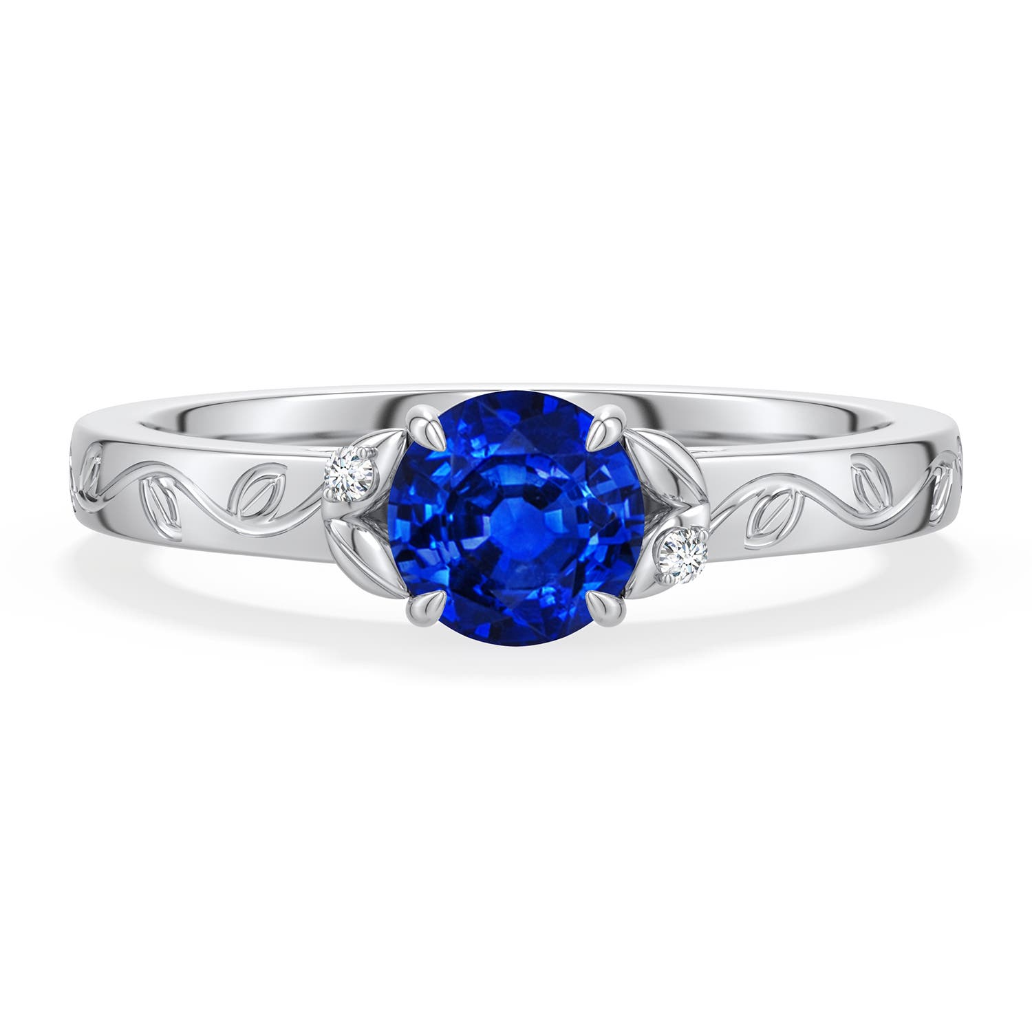 5.5mm Labgrown Round Lab-Grown Blue Sapphire Leaf Vine Engagement Ring in White Gold - main