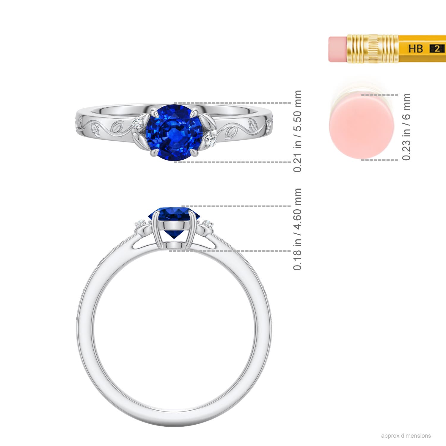 5.5mm Labgrown Round Lab-Grown Blue Sapphire Leaf Vine Engagement Ring in White Gold - ruler - ruler
