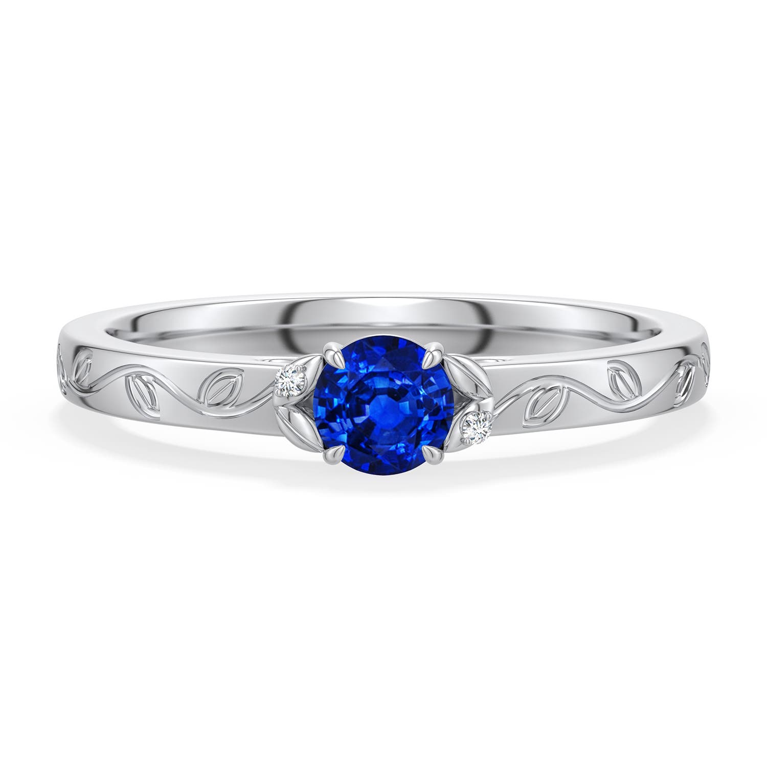 4mm Labgrown Round Lab-Grown Blue Sapphire Leaf Vine Engagement Ring in 18K White Gold - main