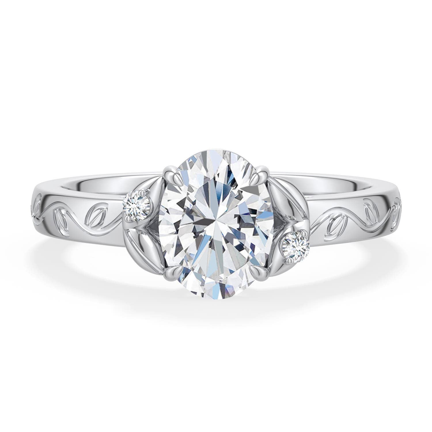 7.7x5.7mm FGVS Oval Lab-Grown Diamond Leaf Vine Engagement Ring in White Gold - main