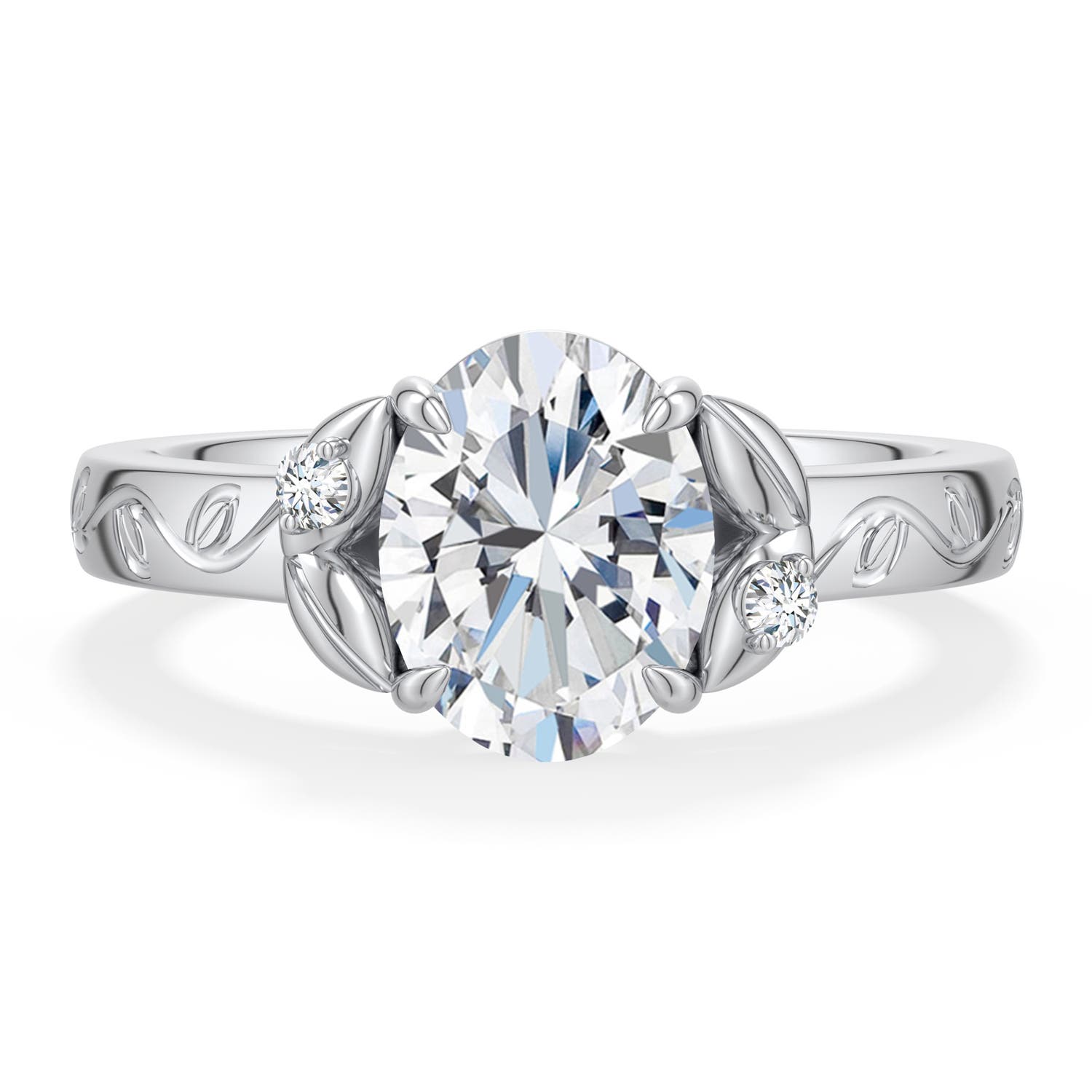 8.5x6.5mm FGVS Oval Lab-Grown Diamond Leaf Vine Engagement Ring in White Gold - main