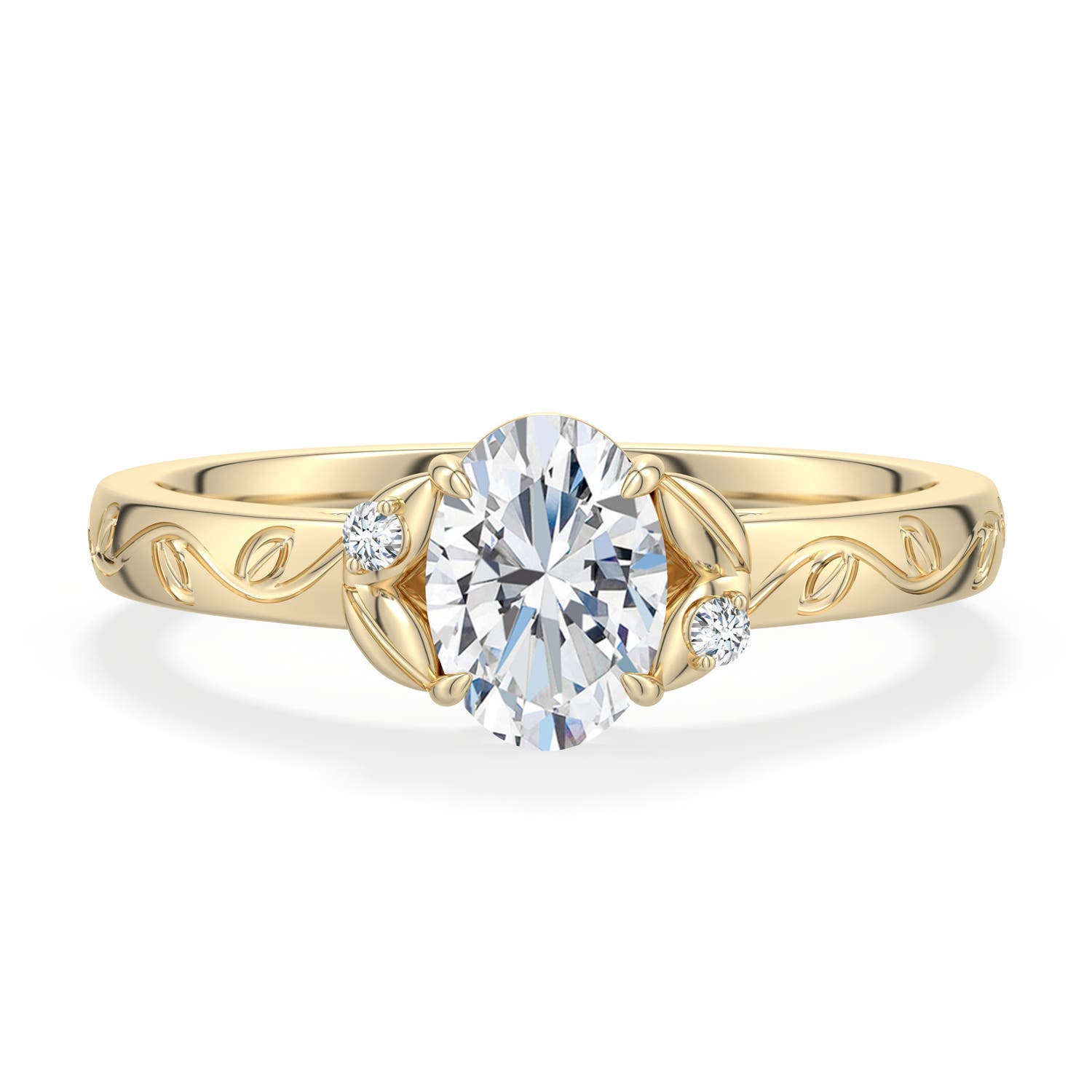 7x5mm FGVS Oval Lab-Grown Diamond Leaf Vine Engagement Ring in Yellow Gold - main