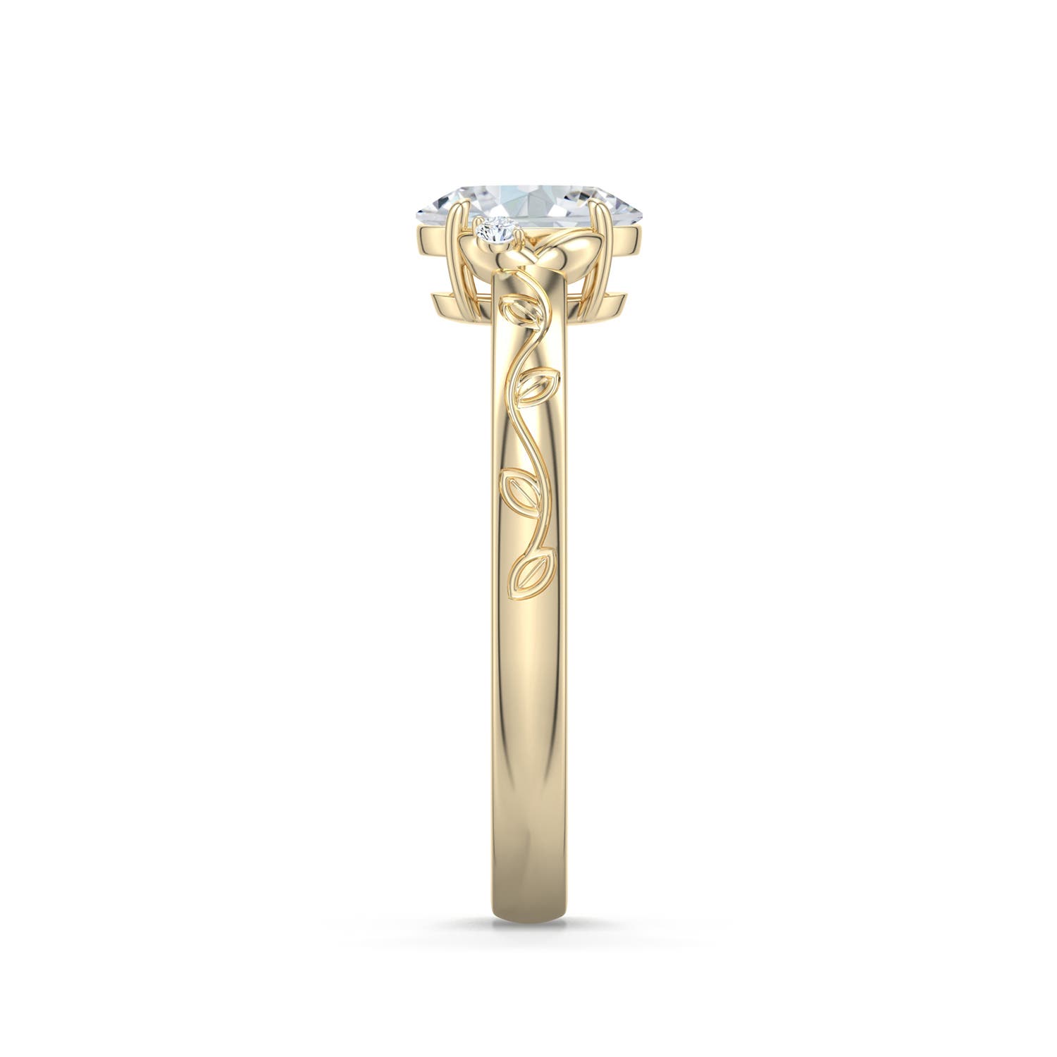 7x5mm FGVS Oval Lab-Grown Diamond Leaf Vine Engagement Ring in Yellow Gold - side 2 - side 4