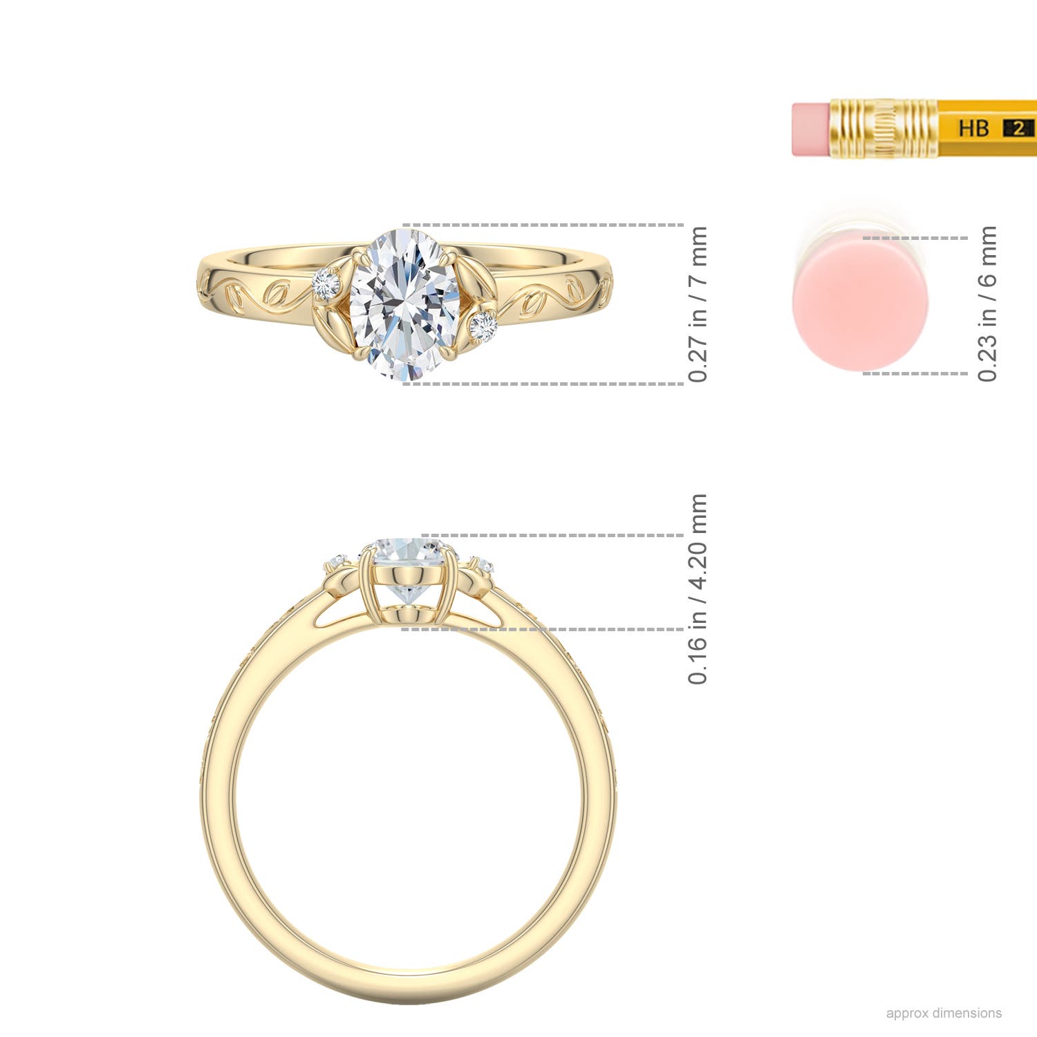 7x5mm FGVS Oval Lab-Grown Diamond Leaf Vine Engagement Ring in Yellow Gold - ruler - ruler