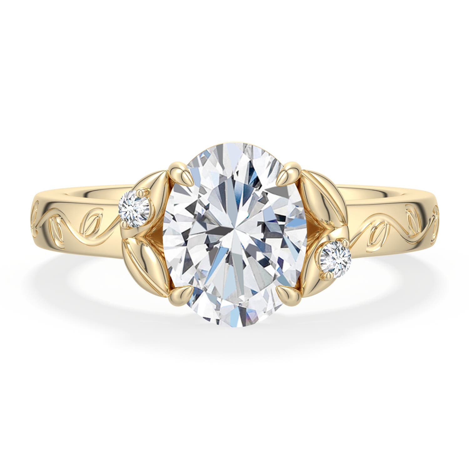 8.5x6.5mm FGVS Oval Lab-Grown Diamond Leaf Vine Engagement Ring in Yellow Gold - main