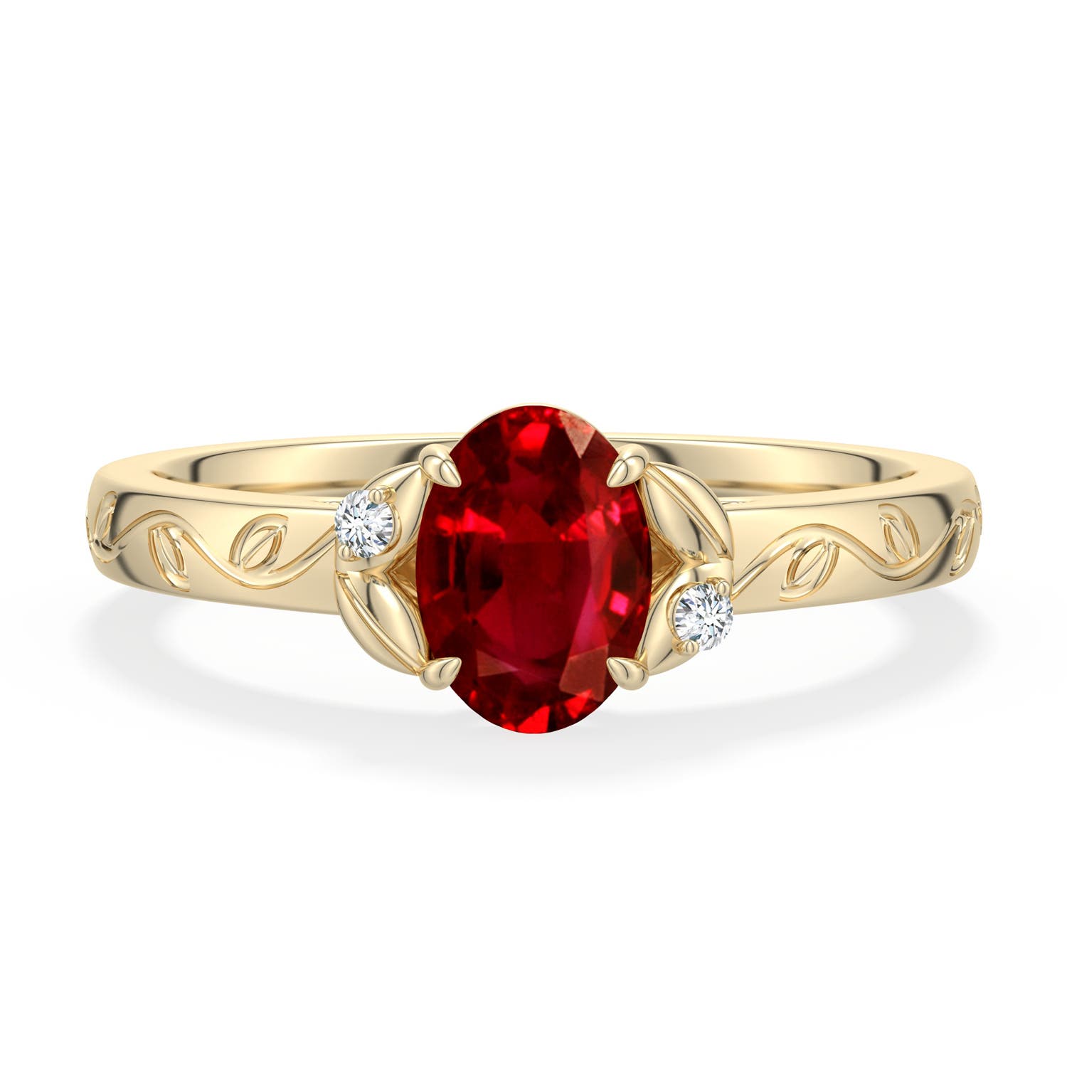 7x5mm Labgrown Oval Lab-Grown Ruby Leaf Vine Engagement Ring in 18K Yellow Gold - main