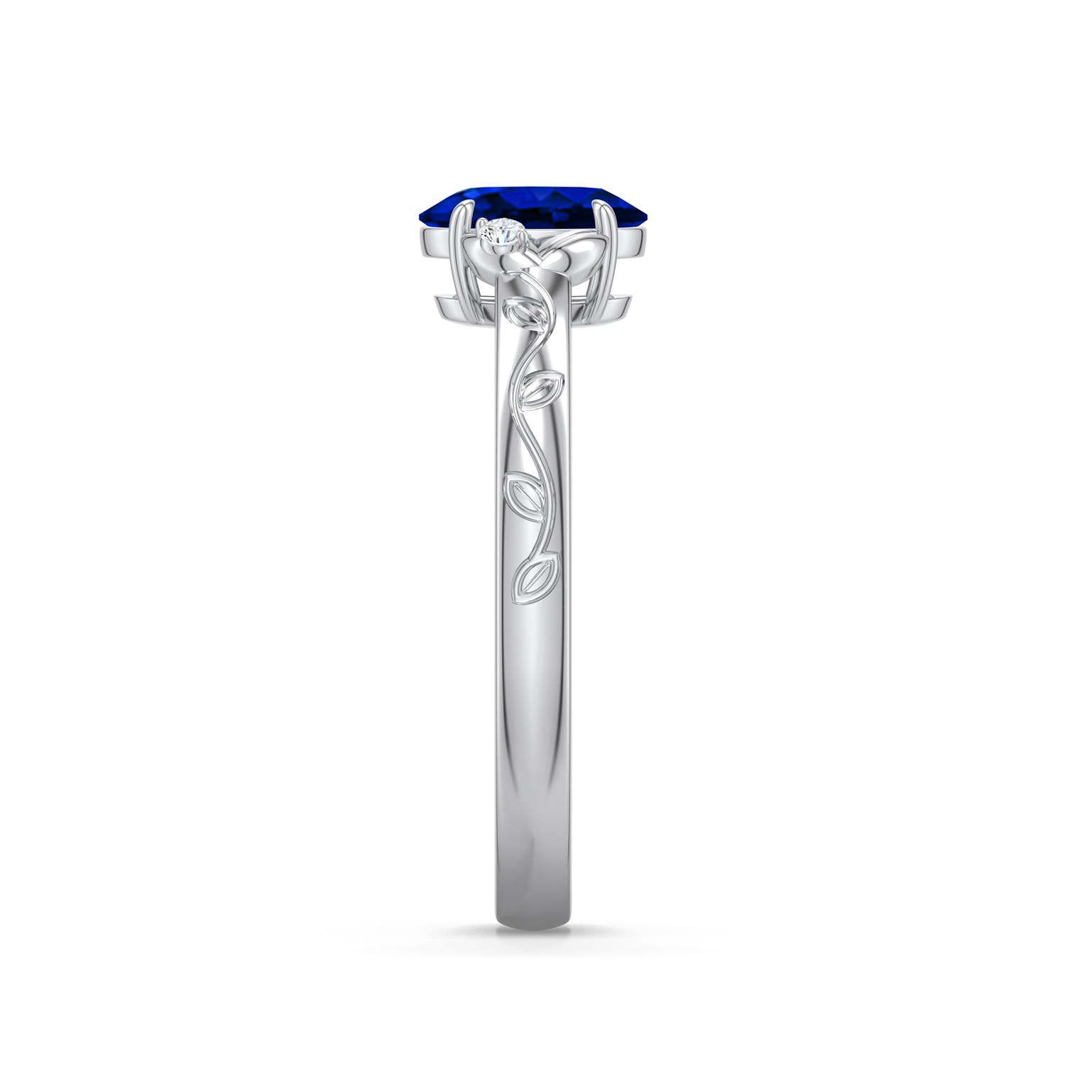 7x5mm Labgrown Oval Lab-Grown Blue Sapphire Leaf Vine Engagement Ring in White Gold - side 2 - side 4