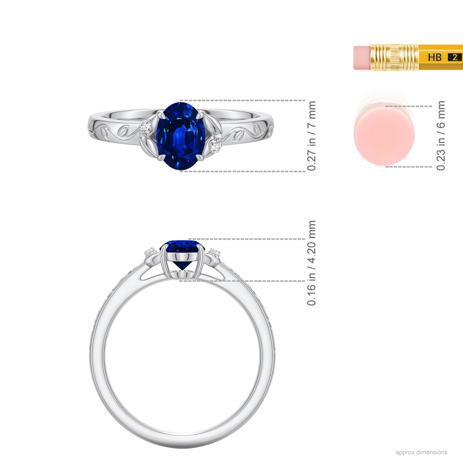 7x5mm Labgrown Oval Lab-Grown Blue Sapphire Leaf Vine Engagement Ring in White Gold - ruler - ruler