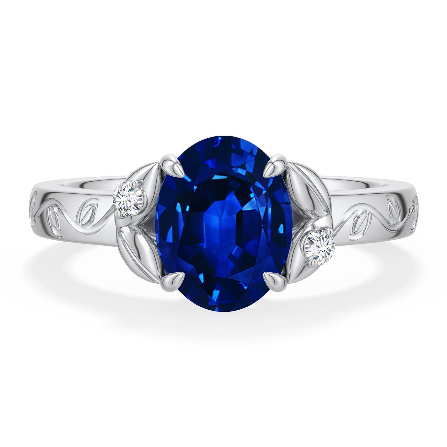 9x7mm Labgrown Oval Lab-Grown Blue Sapphire Leaf Vine Engagement Ring in 18K White Gold - main