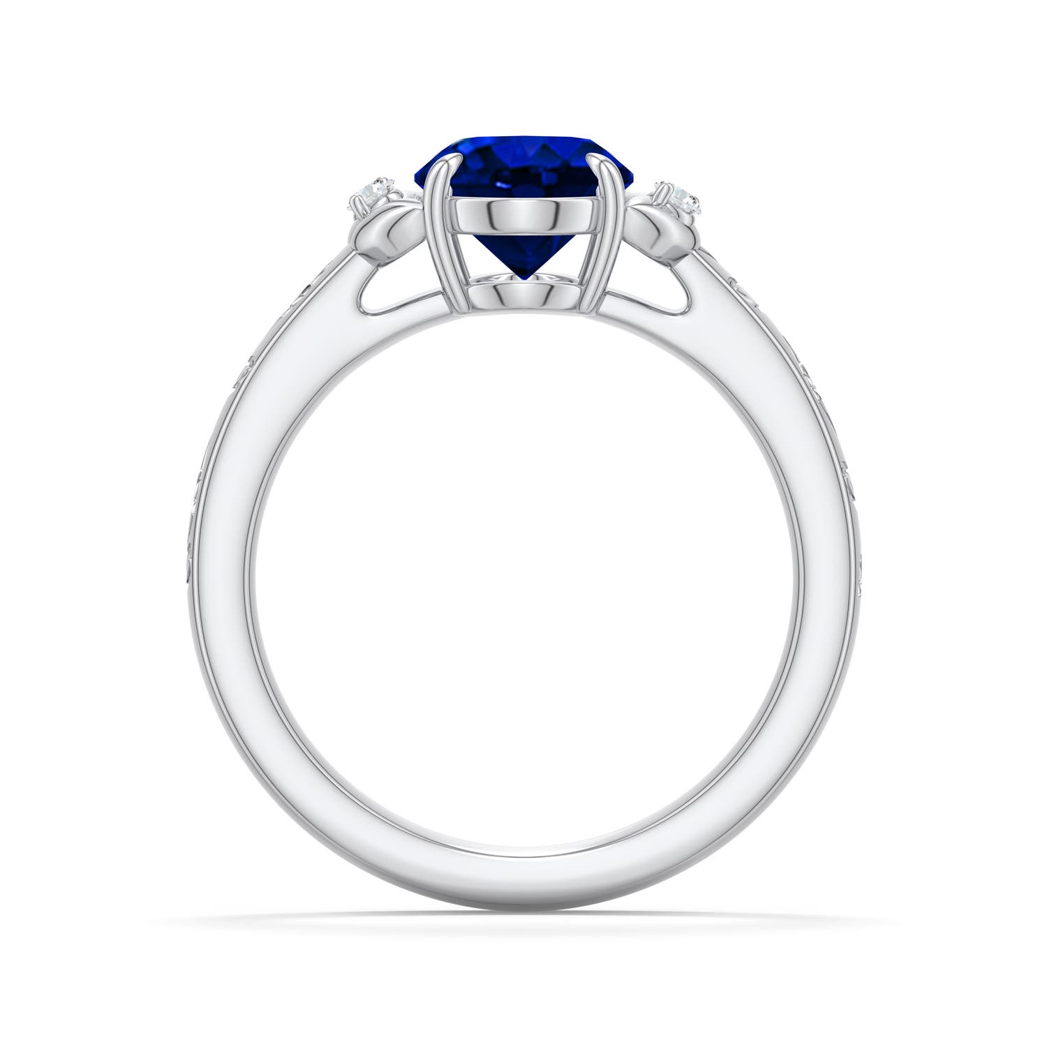 9x7mm Labgrown Oval Lab-Grown Blue Sapphire Leaf Vine Engagement Ring in 18K White Gold - side 1