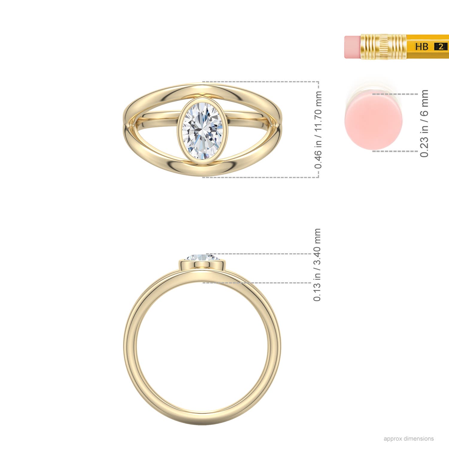 7x5mm FGVS Oval Lab-Grown Diamond Bypass Split Shank Engagement Ring in Yellow Gold - ruler - ruler