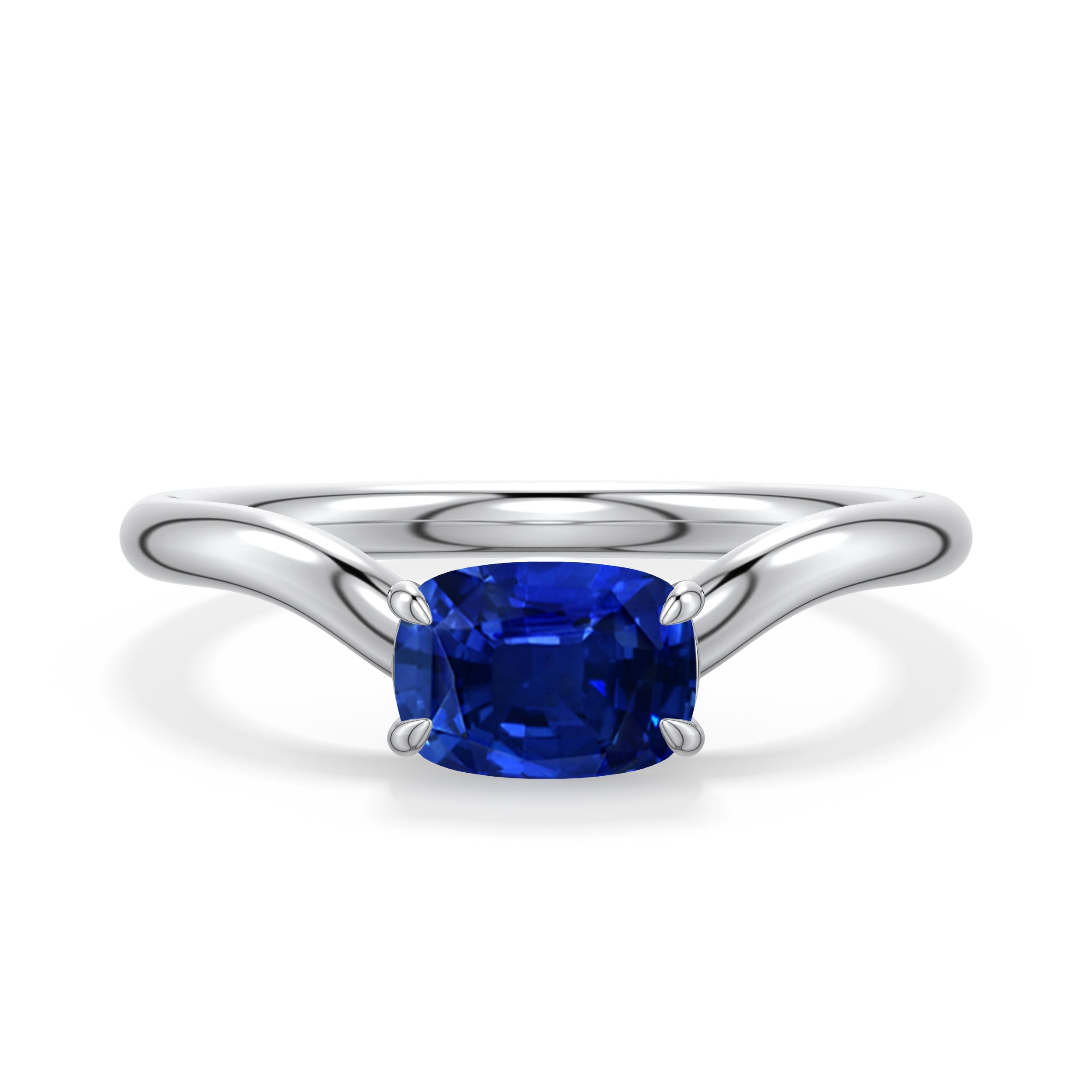 7x5mm Labgrown East-West Cushion Rectangular Lab-Grown Blue Sapphire Curved Engagement Ring in 18K White Gold - main