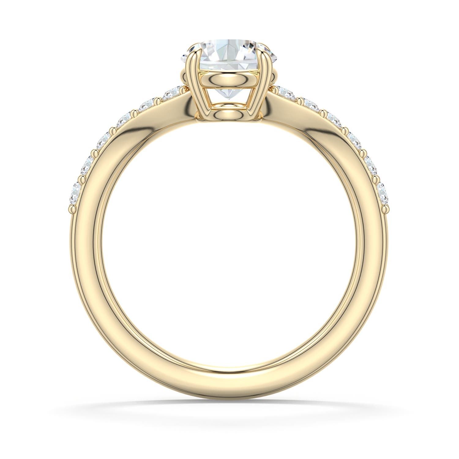 6.4mm DEVVS Round Lab-Grown Diamond Curved Engagement Ring with Accents in Yellow Gold - side 1