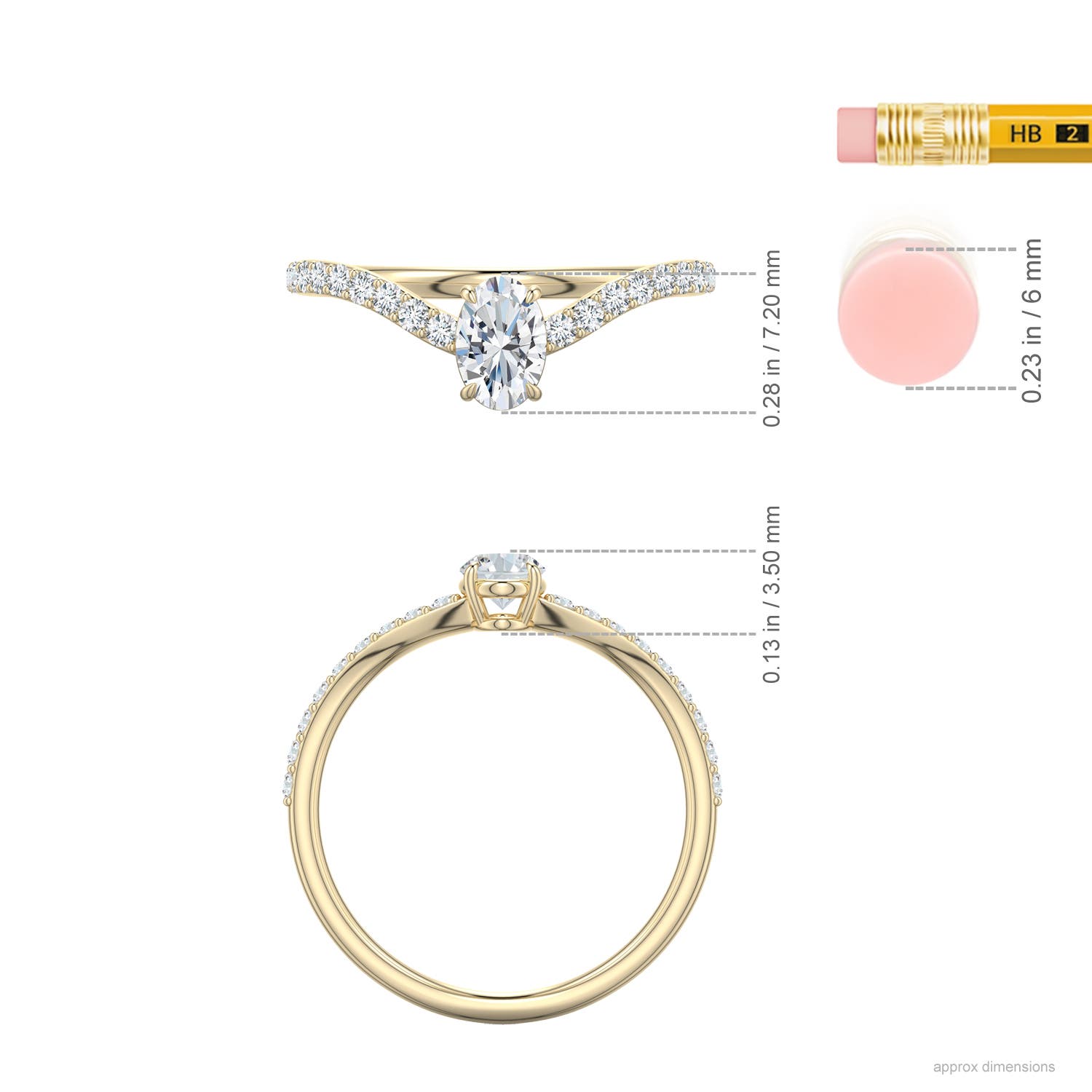 6x4mm FGVS Oval Lab-Grown Diamond Curved Engagement Ring with Accents in Yellow Gold - ruler - ruler