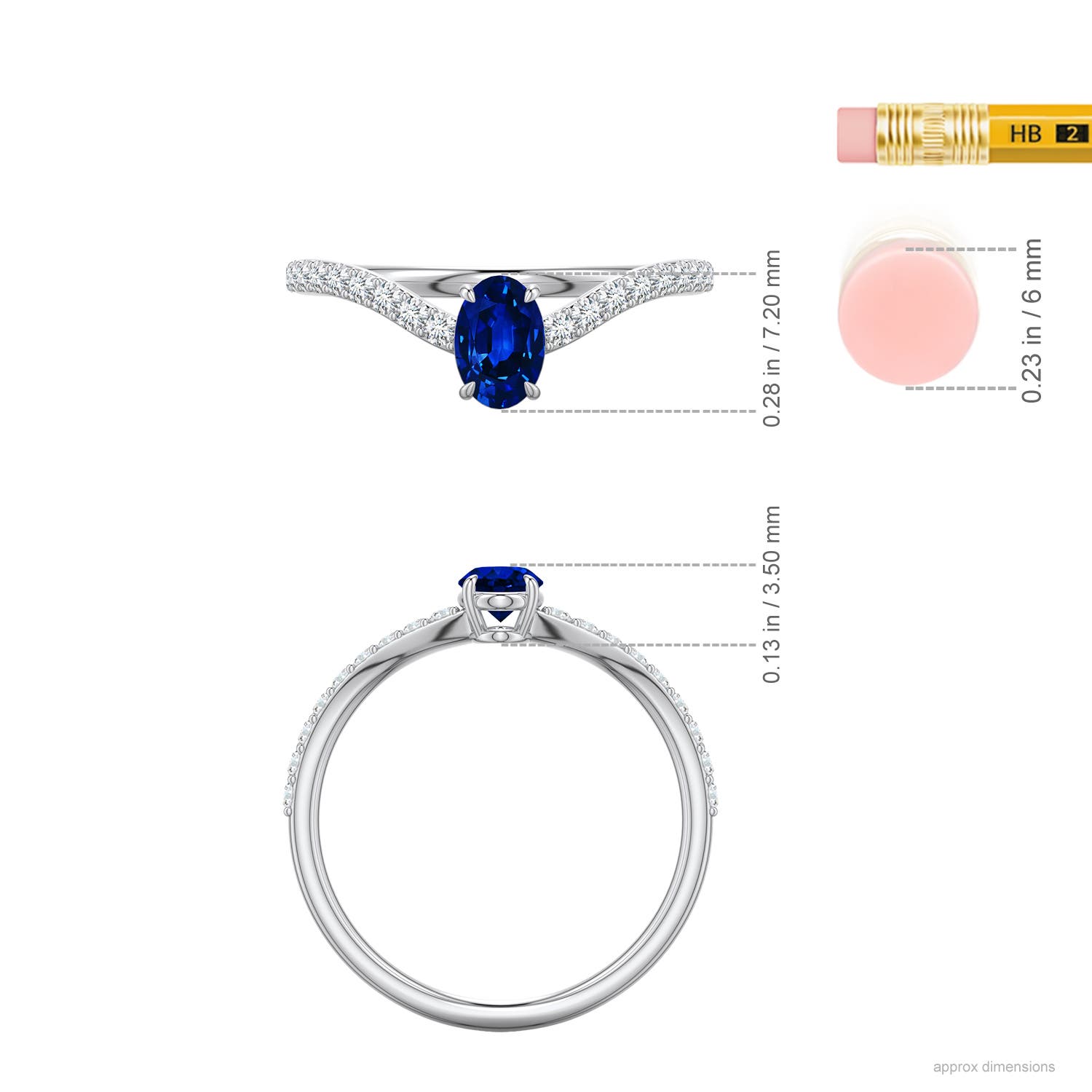 6x4mm Labgrown Oval Lab-Grown Blue Sapphire Curved Engagement Ring with Accents in White Gold - ruler - ruler