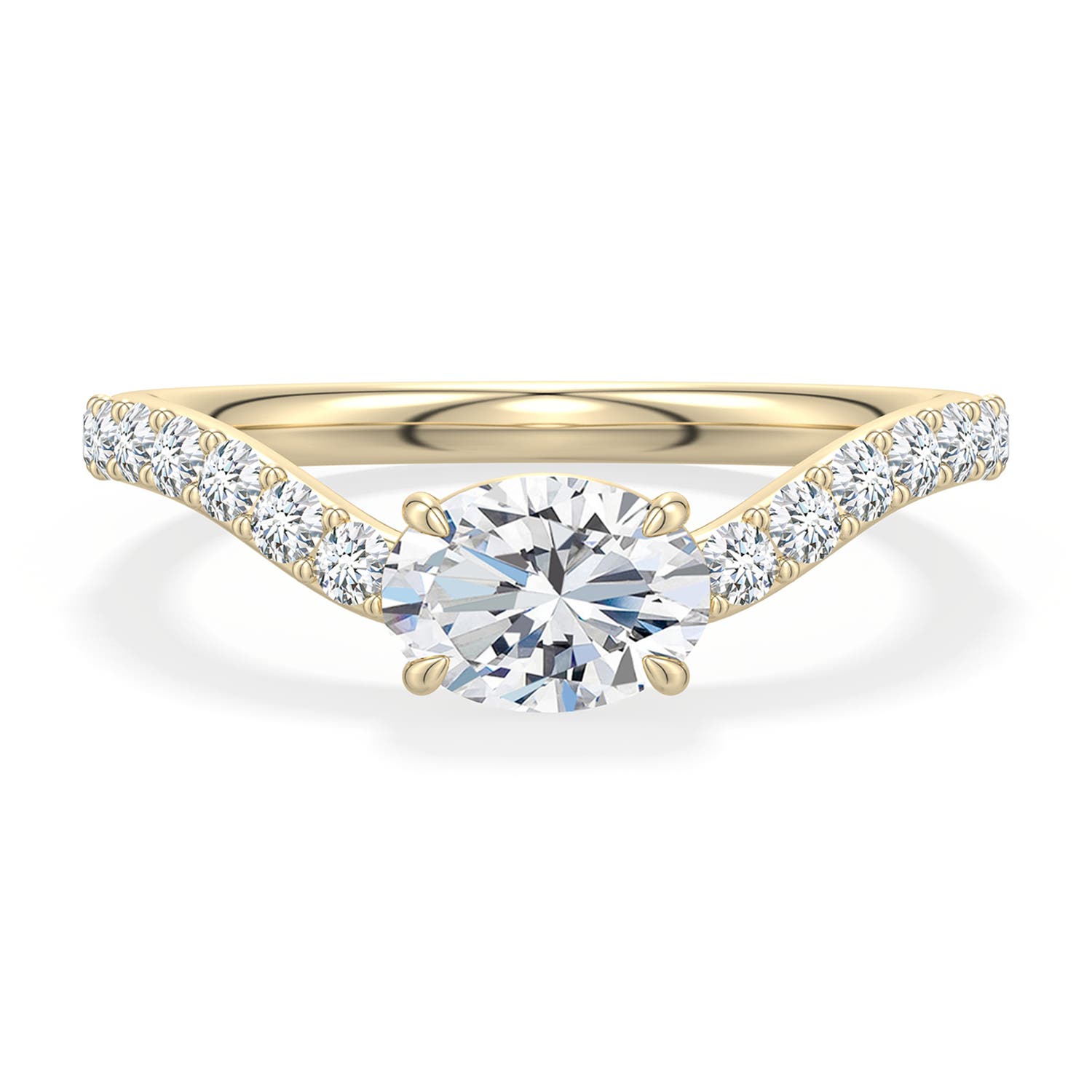 7x5mm FGVS East-West Oval Lab-Grown Diamond Curved Engagement Ring with Accents in Yellow Gold - main