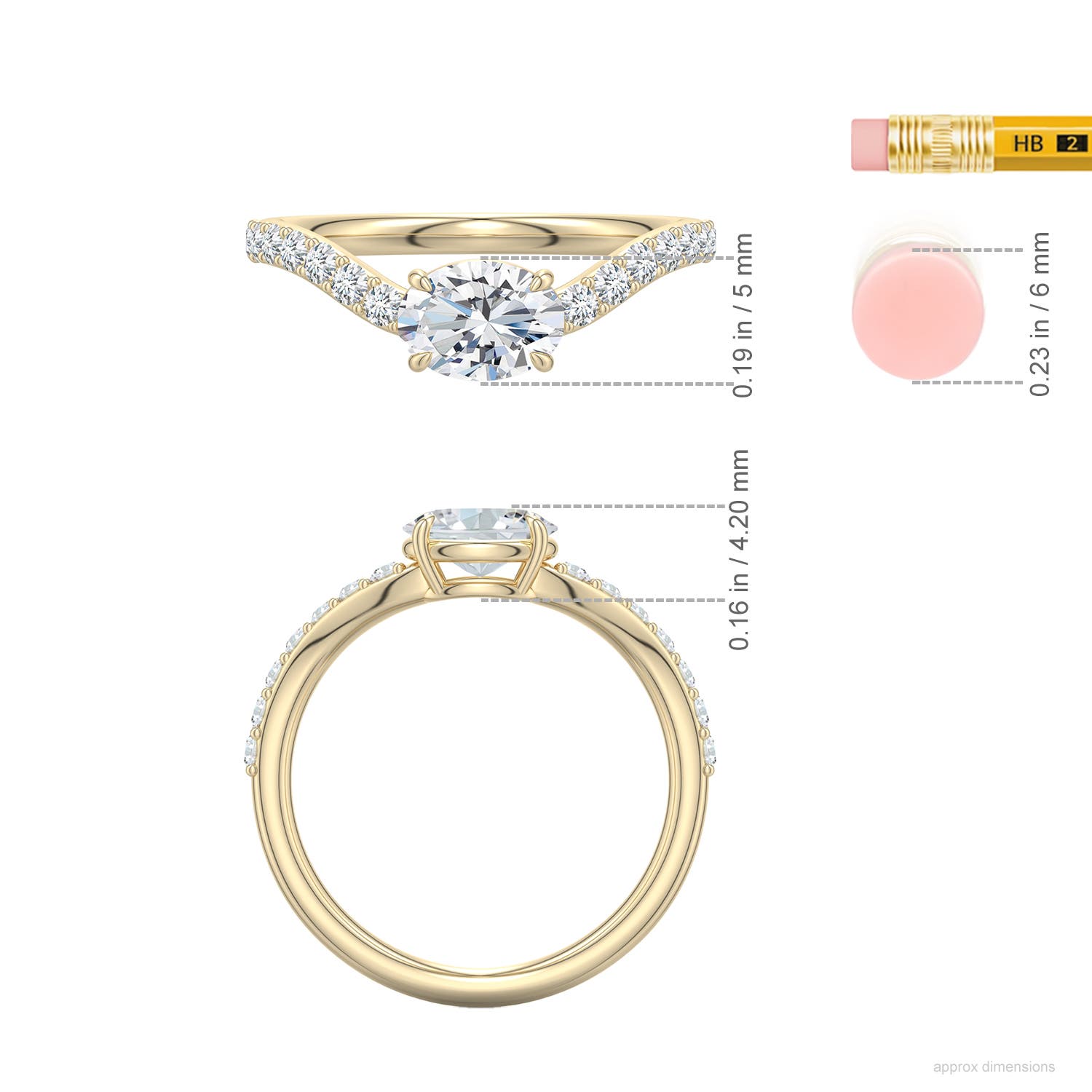7x5mm FGVS East-West Oval Lab-Grown Diamond Curved Engagement Ring with Accents in Yellow Gold - ruler - ruler