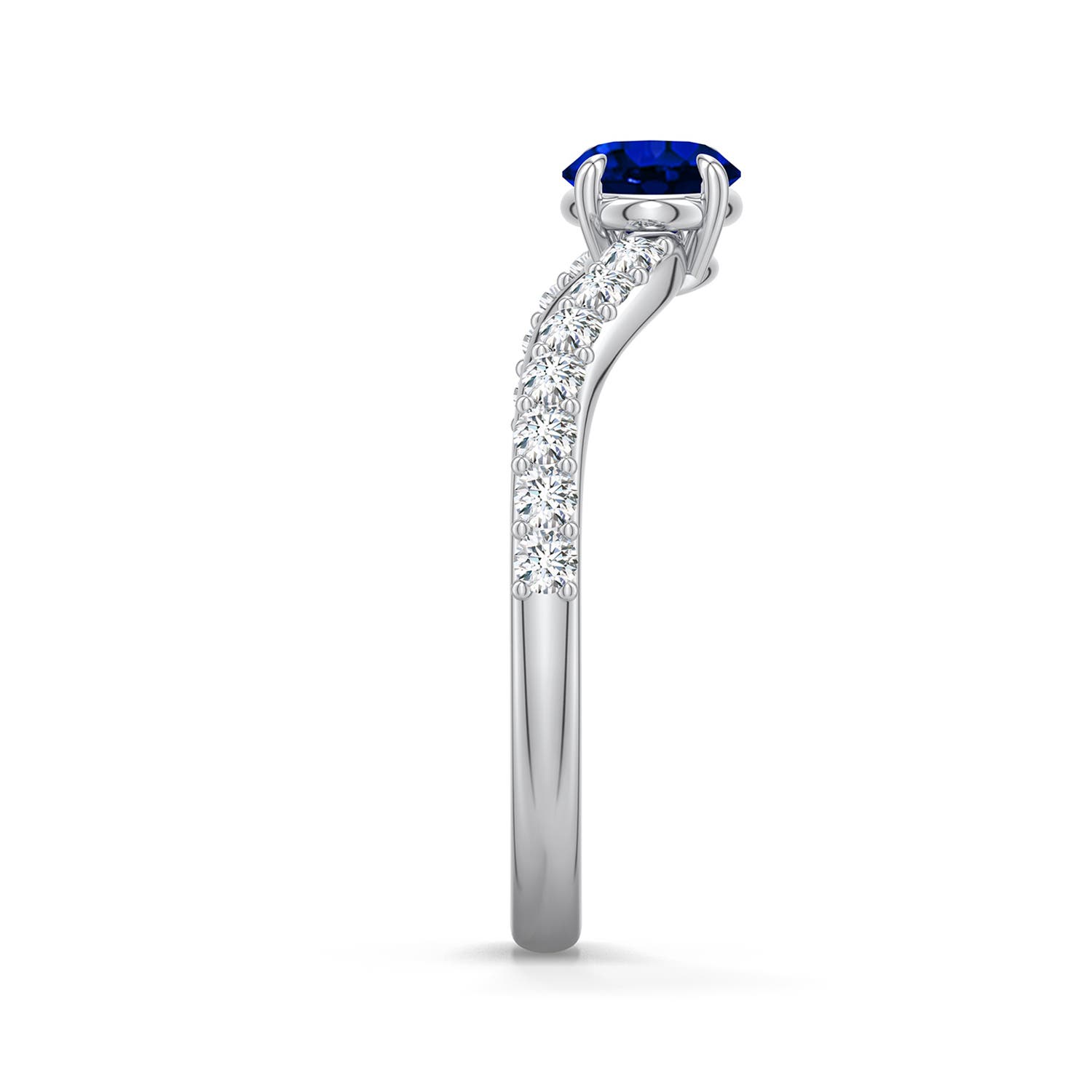 7x5mm Labgrown East-West Oval Lab-Grown Blue Sapphire Curved Engagement Ring with Accents in White Gold - side 2 - side 4