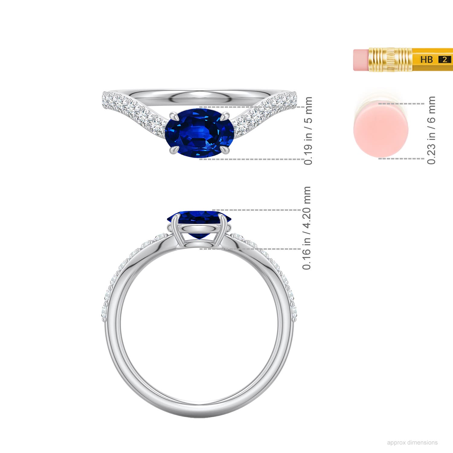 7x5mm Labgrown East-West Oval Lab-Grown Blue Sapphire Curved Engagement Ring with Accents in White Gold - ruler - ruler