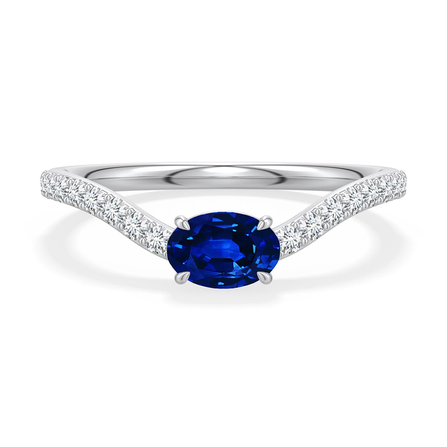 6x4mm Labgrown East-West Oval Lab-Grown Blue Sapphire Curved Engagement Ring with Accents in 18K White Gold - main