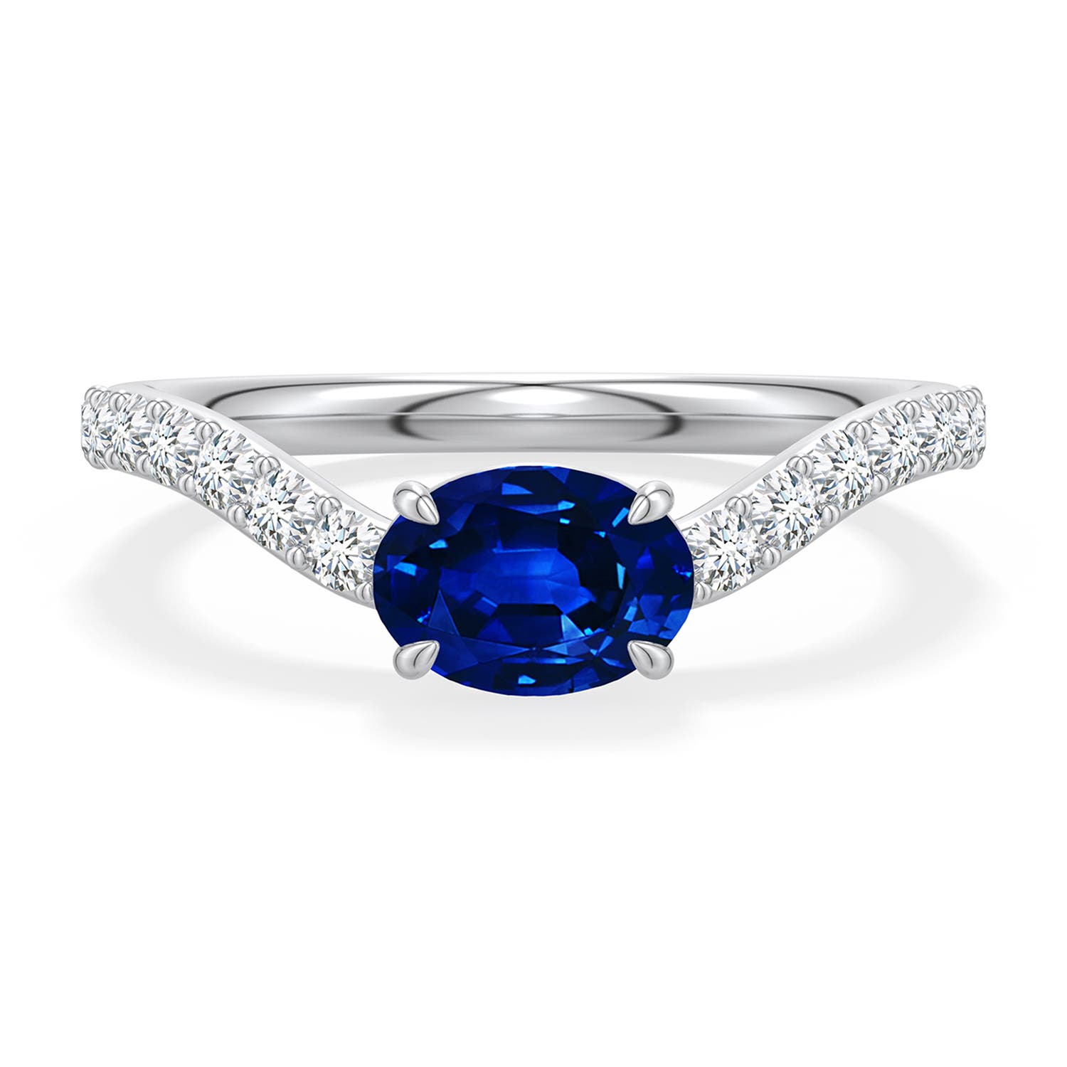 7x5mm Labgrown East-West Oval Lab-Grown Blue Sapphire Curved Engagement Ring with Accents in 18K White Gold - main