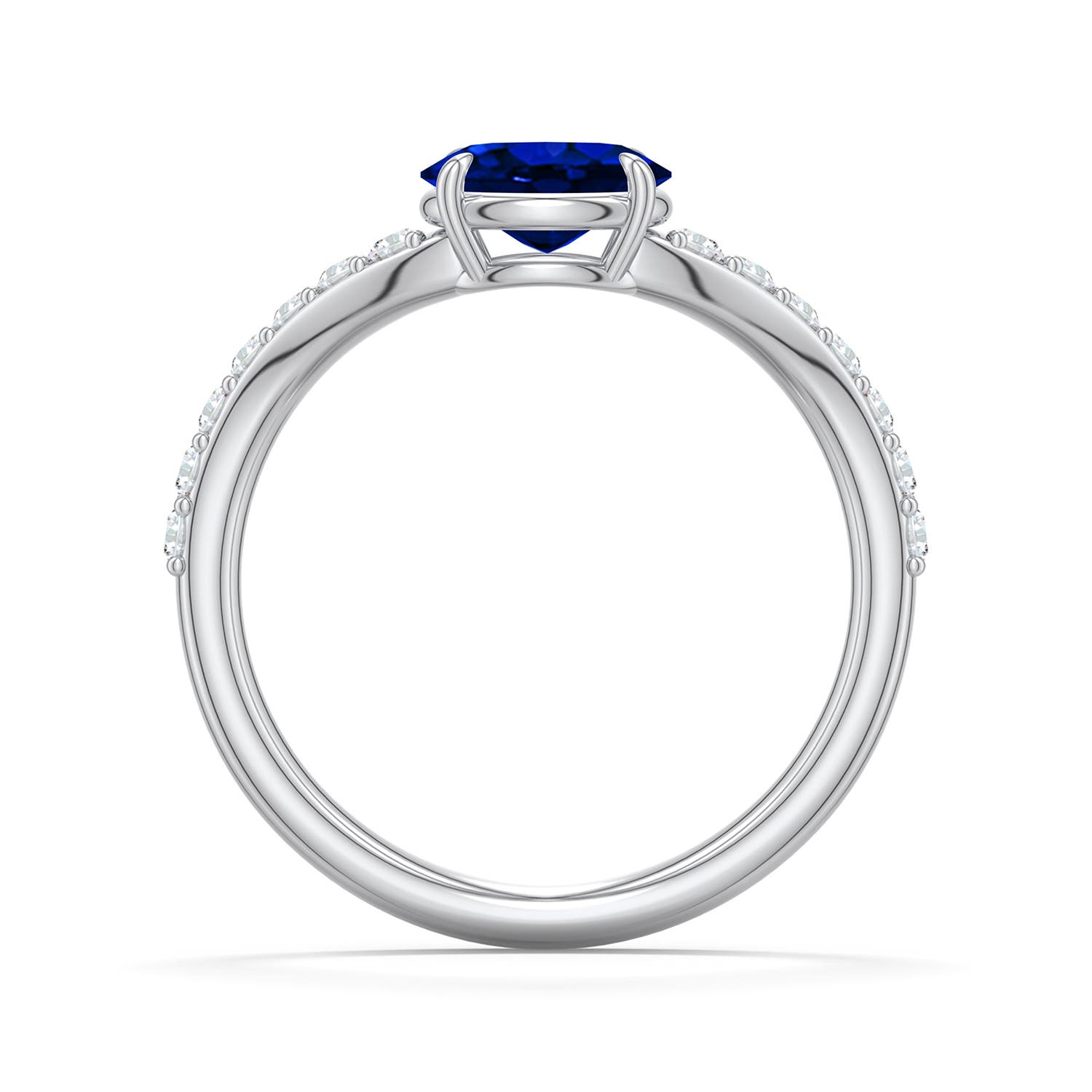 7x5mm Labgrown East-West Oval Lab-Grown Blue Sapphire Curved Engagement Ring with Accents in 18K White Gold - side 1