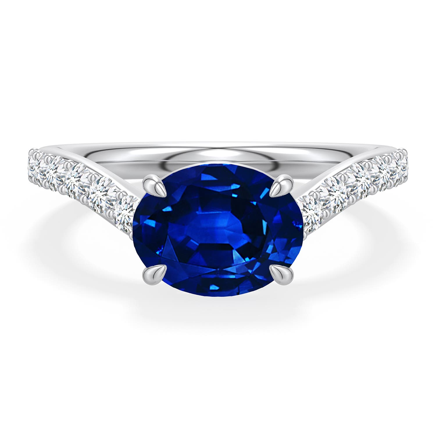 9x7mm Labgrown East-West Oval Lab-Grown Blue Sapphire Curved Engagement Ring with Accents in 18K White Gold - main