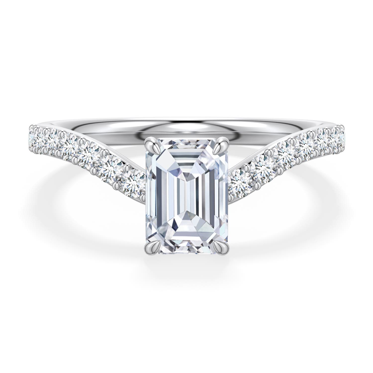 7x5mm FGVS Emerald-Cut Lab-Grown Diamond Curved Engagement Ring with Accents in 18K White Gold - main
