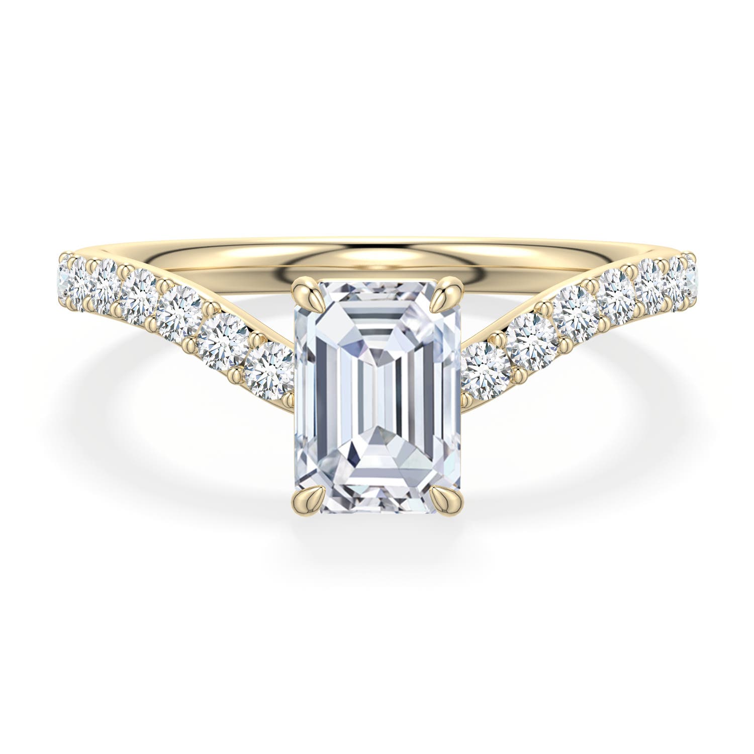 7x5mm FGVS Emerald-Cut Lab-Grown Diamond Curved Engagement Ring with Accents in Yellow Gold - main