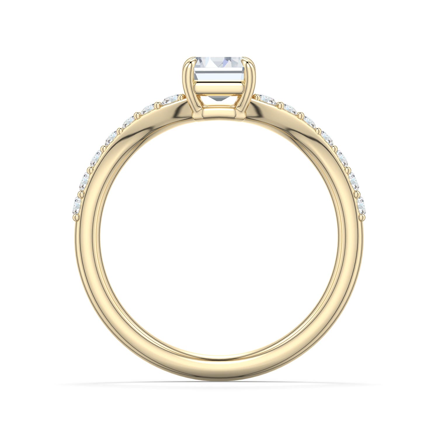 7x5mm FGVS Emerald-Cut Lab-Grown Diamond Curved Engagement Ring with Accents in Yellow Gold - side 1