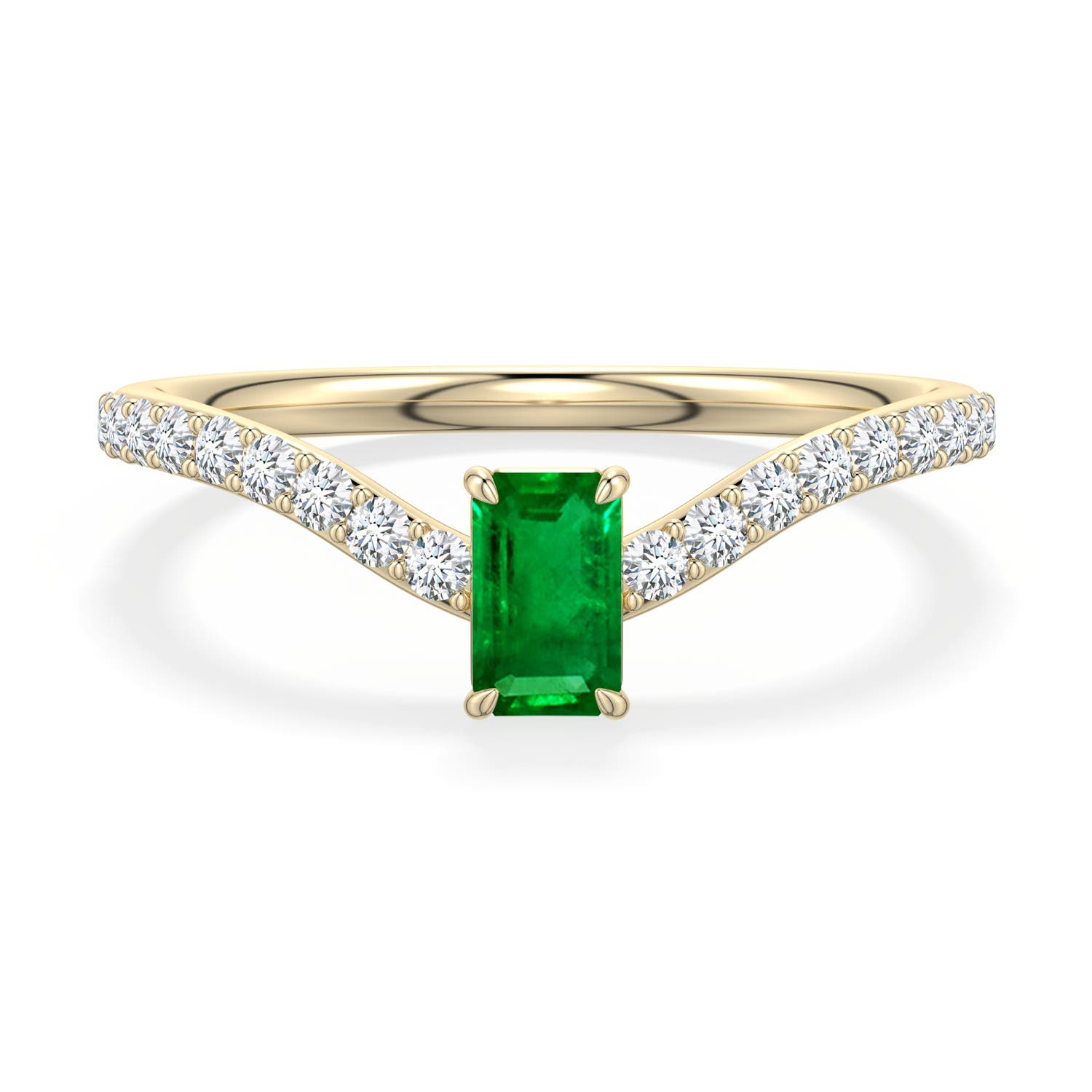 5x3mm Labgrown Emerald-Cut Lab-Grown Emerald Curved Engagement Ring with Accents in Yellow Gold - main